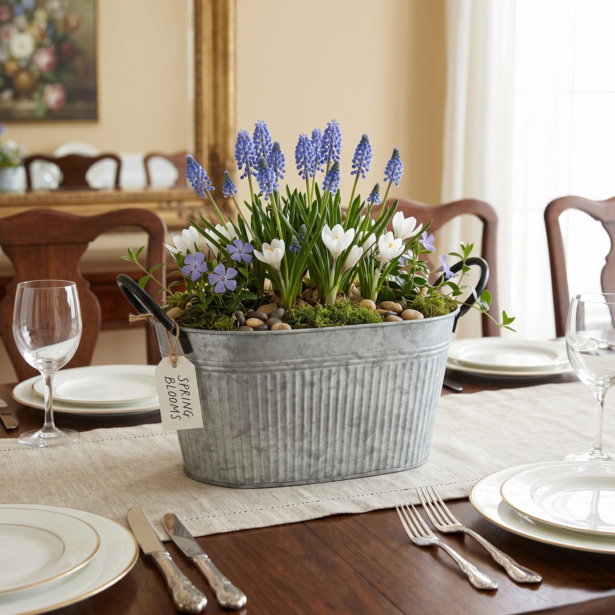 oval zinc planter tub used as a table centrepiece