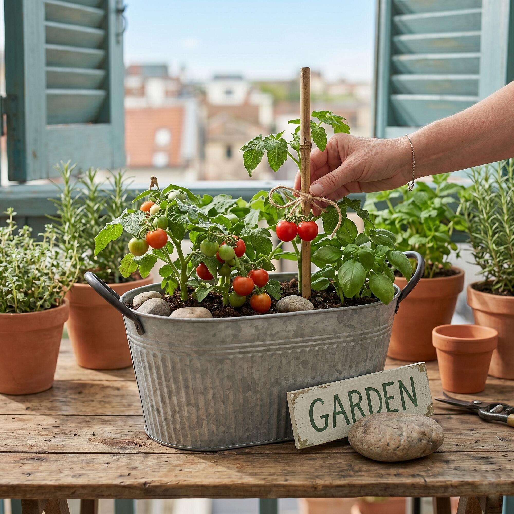 small rustic planter used as balcony planter