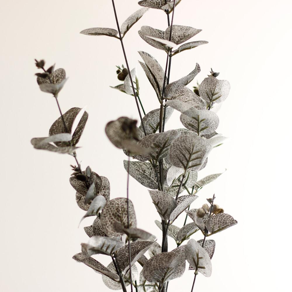 realistic faux eucalyptus spray with long 90cm stem black and silver closeup