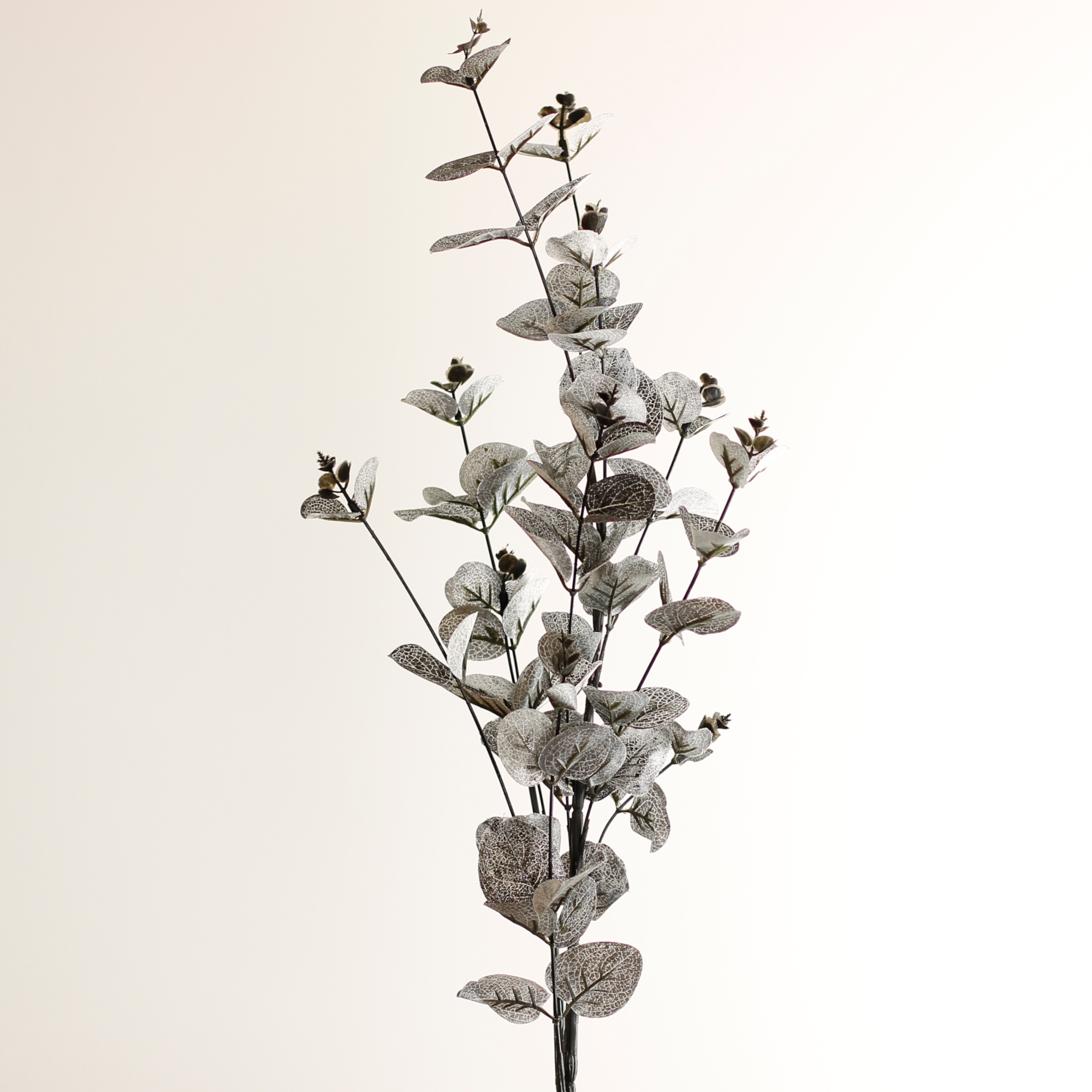 Artificial long-stem eucalyptus spray in frosted black and silver