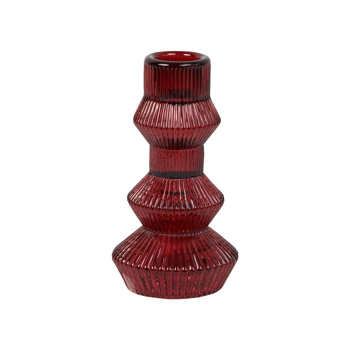 Burgundy red ribbed glass candle holder
