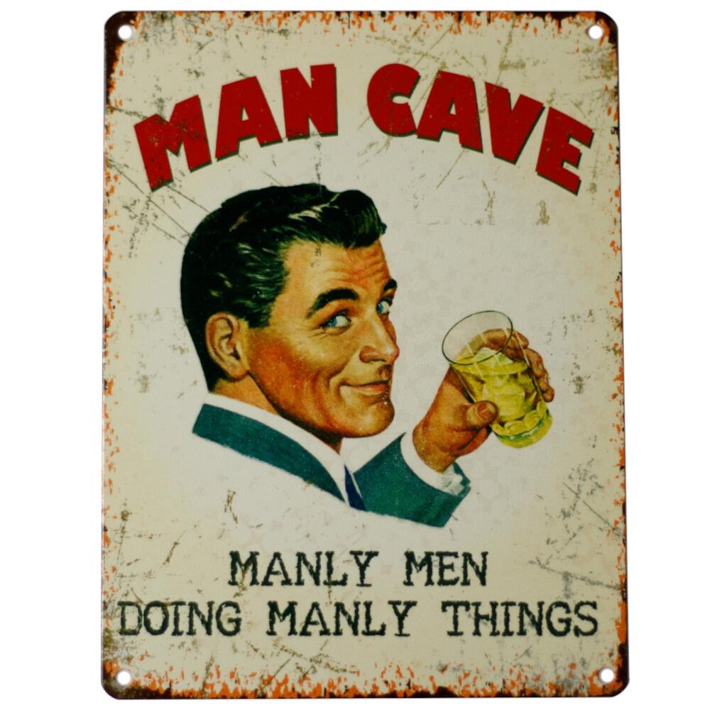 Man cave funny vintage wall sign with the words ma cave manly men doing manly things
