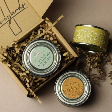 Three scented tin candles with quotes with gift box