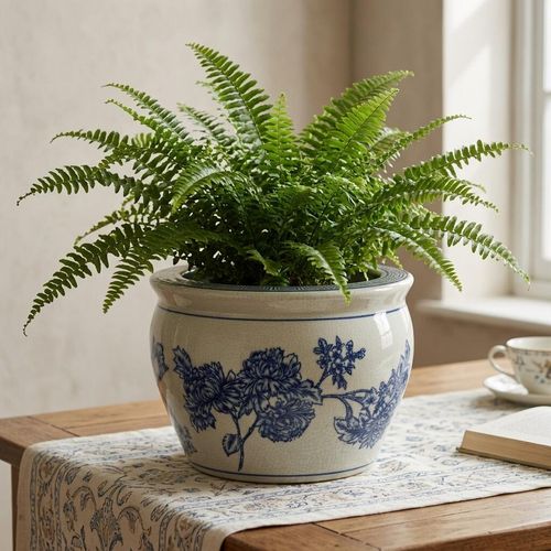 Blue & white ceramic pot with fern plant.