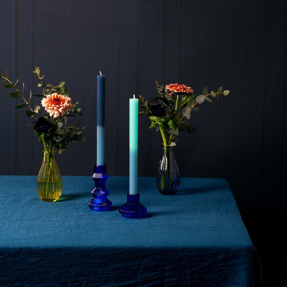 Cobalt blue ribbed glass candle holder table styling