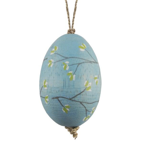hand-painted decorative hanging wooden egg on a string in a delightful duck egg blue hue adorned with delicate blossoms with white background