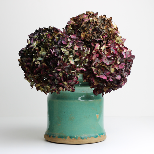 glazed vase with hydrangeas