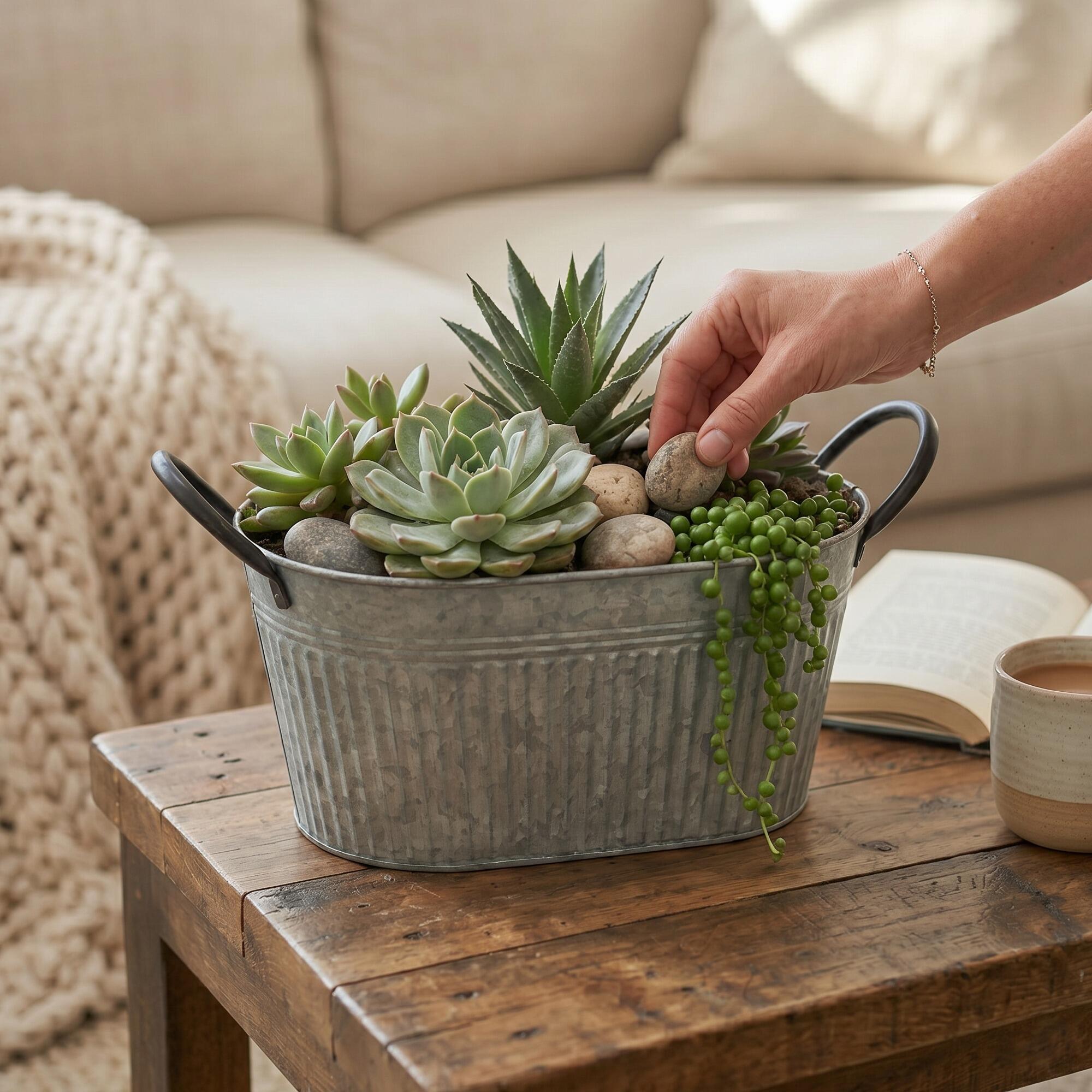 zinc planter tub used to display succulents