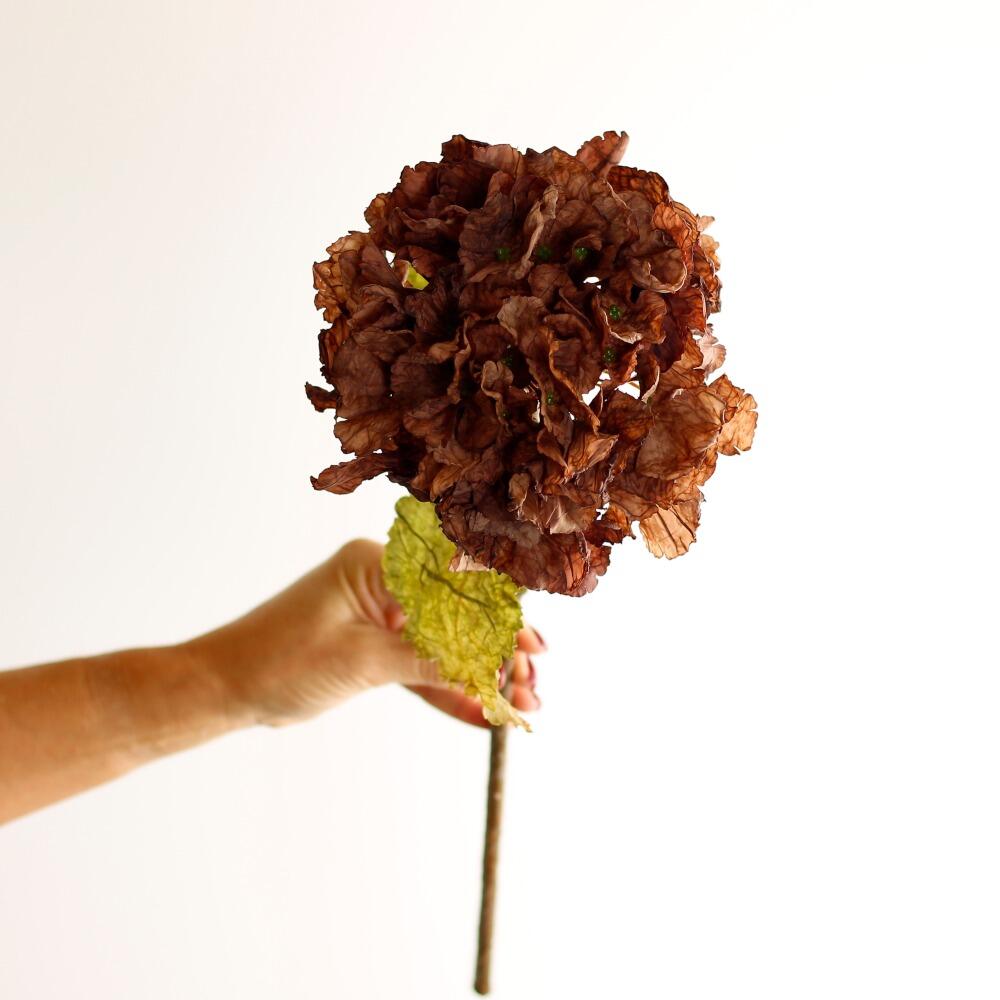 Luxury artificial hydrangea with delicate ruffled petals in a rich mocha hue