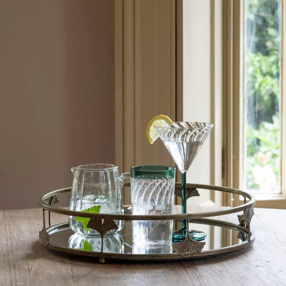 Round Mirrored Tray | Ginkgo Leaf Antique Gold Vanity Tray