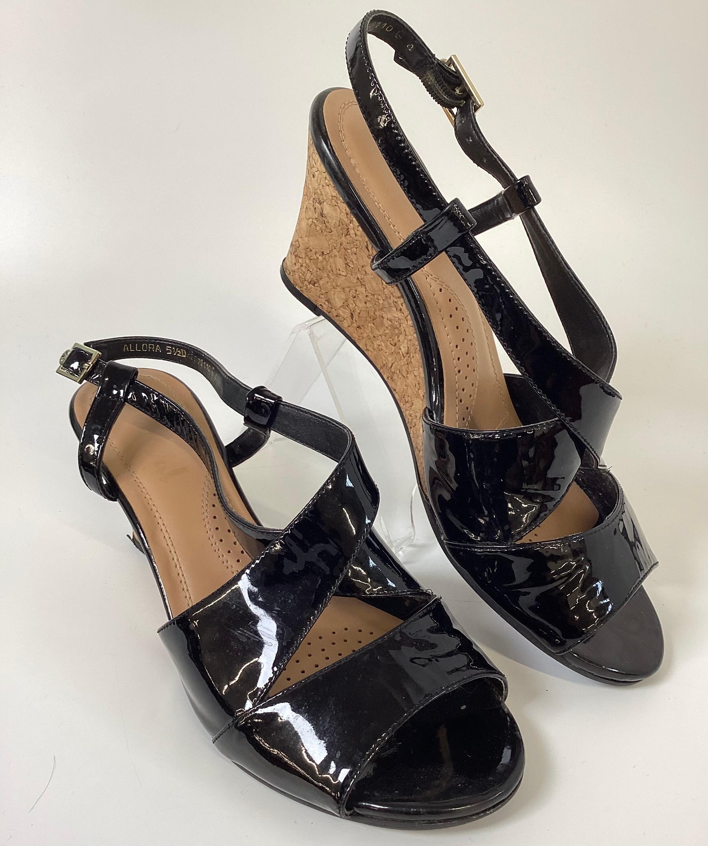 Van Dal Black Patent Leather "Allora" Wedge Strappy Heels 3/4 view