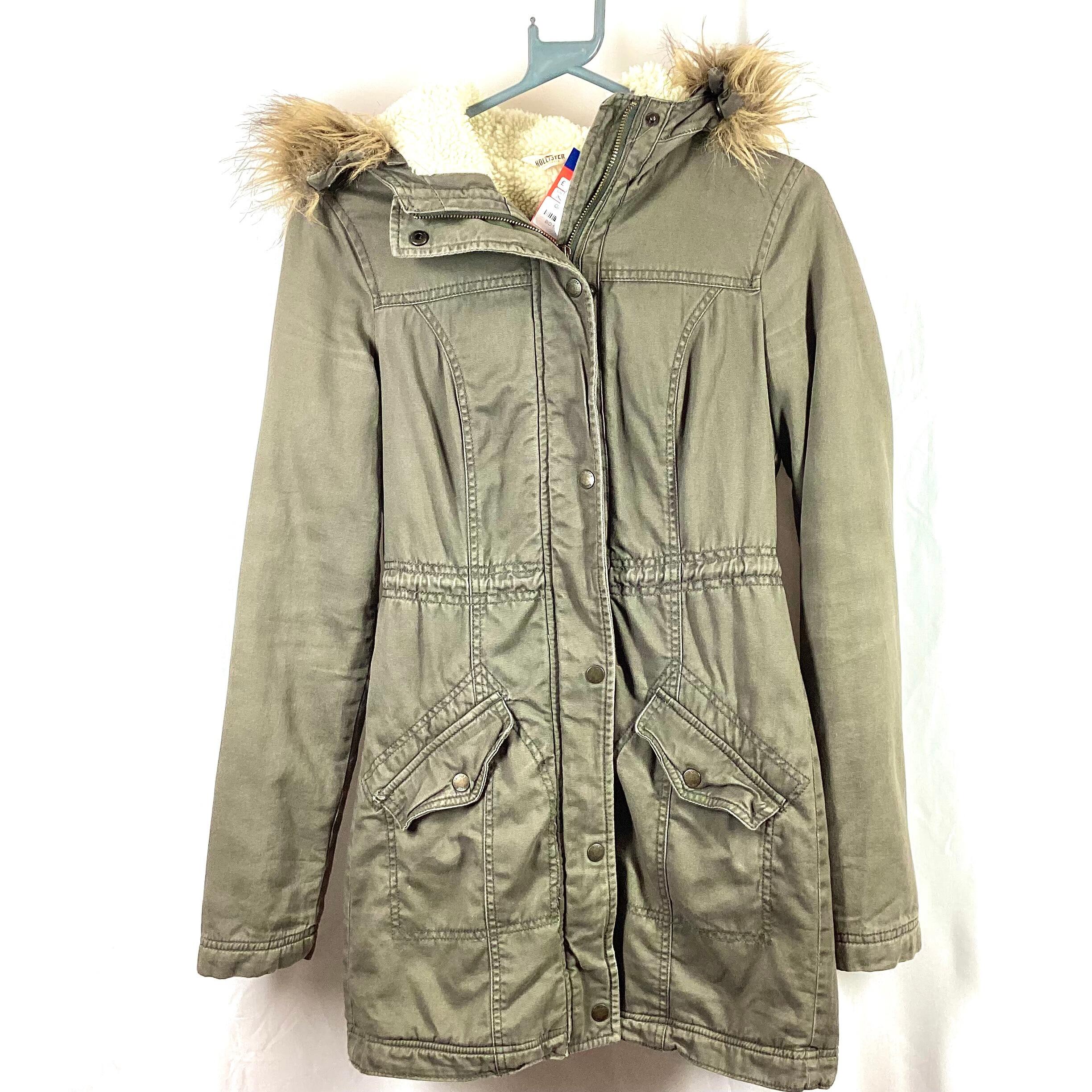 Hollister Khaki Cotton Coat/Jacket with Faux Fur Hood Trim UK XS