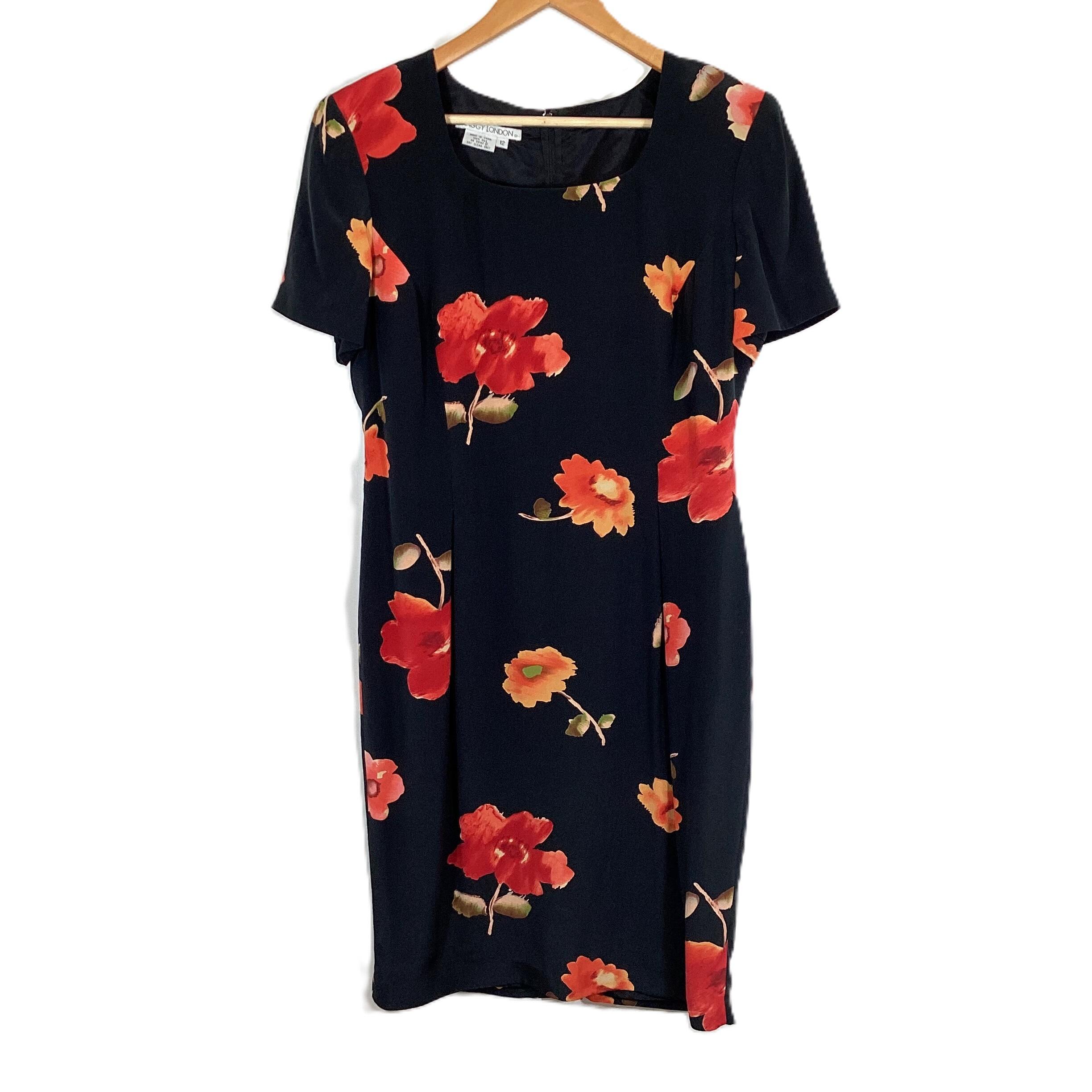 Vintage Maggy London Black Pure Silk Dress with Red Flower Pattern UK 12