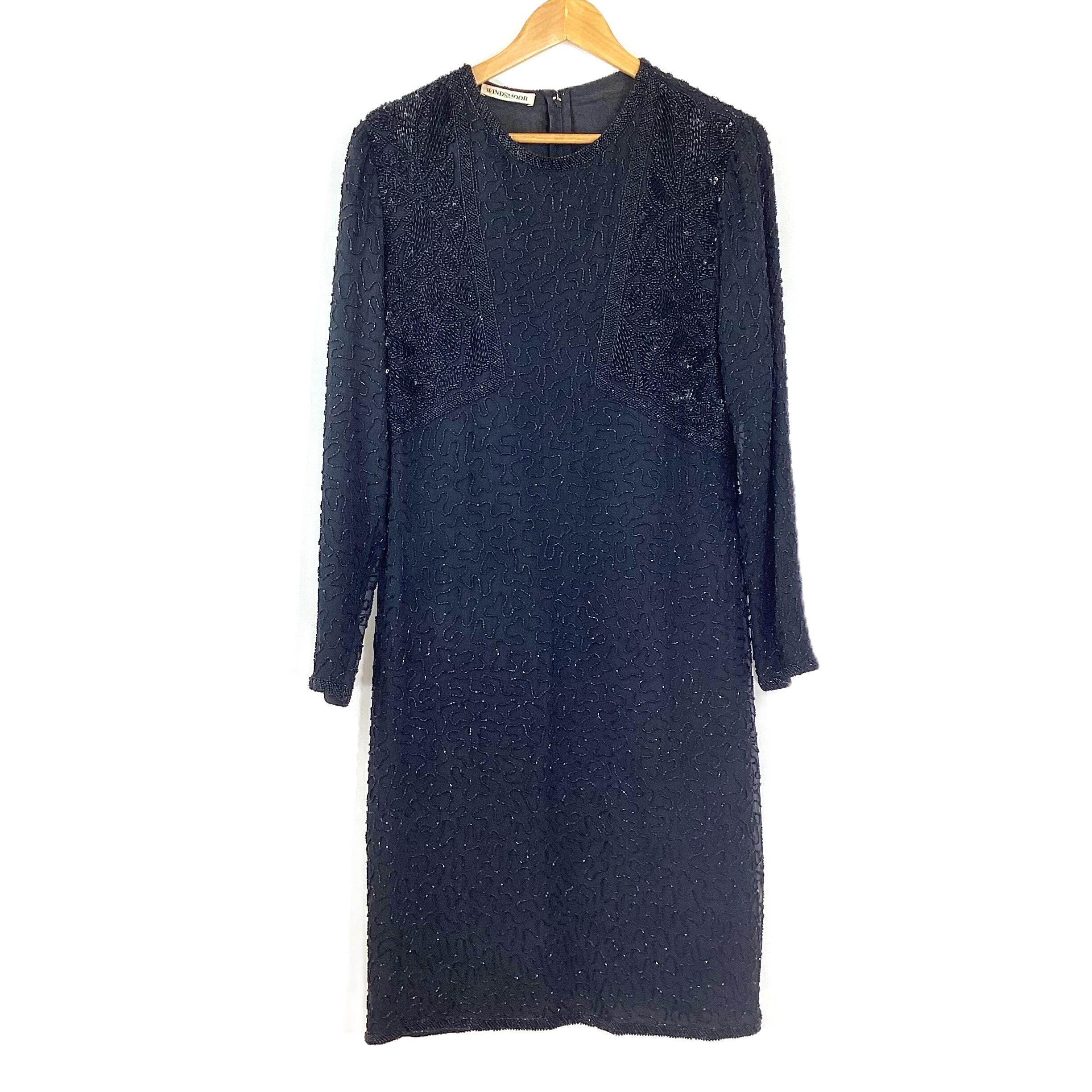 Windsmoor Black Silk Fully Beaded Round Neck Midi Dress UK 14