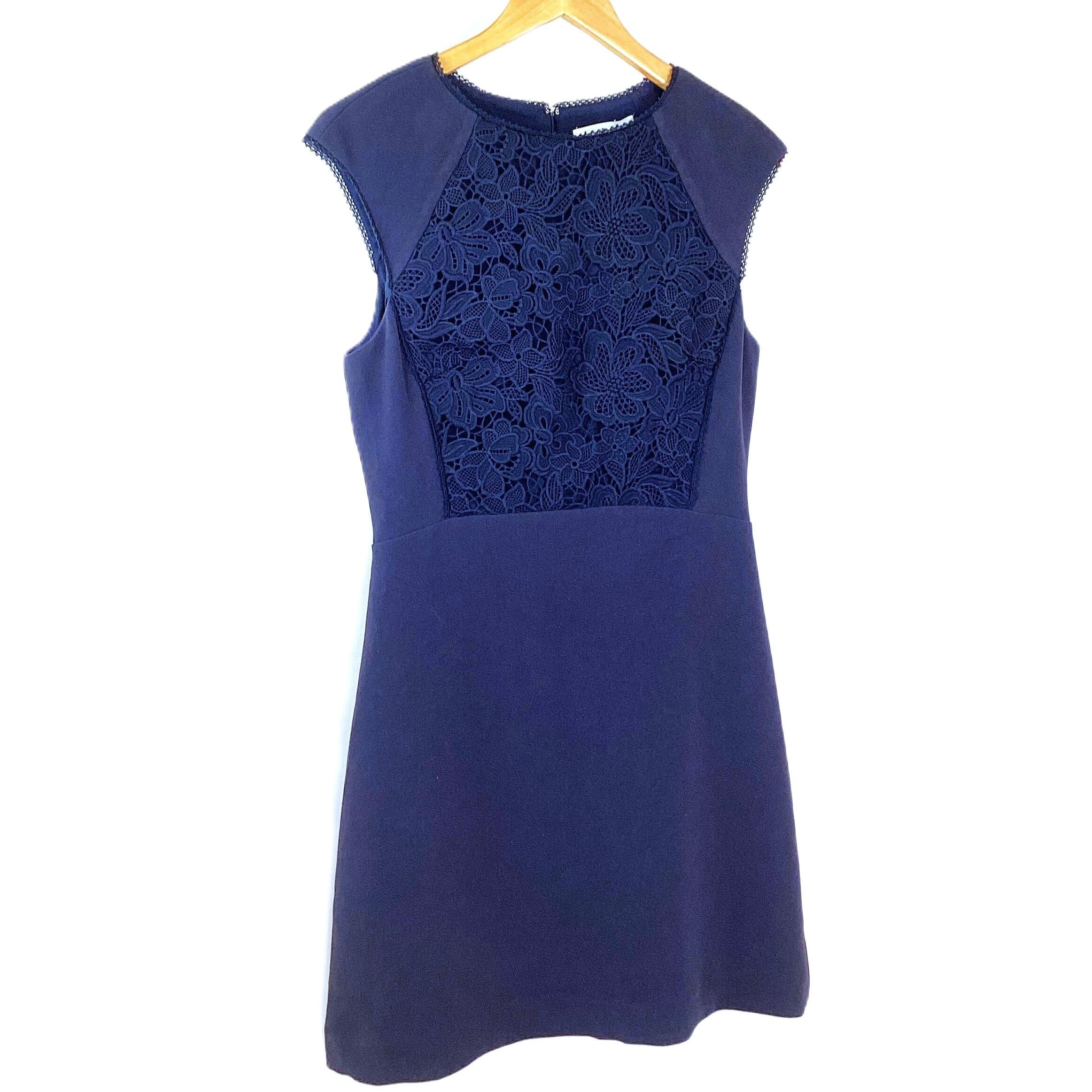 Reiss Navy Blue Lace Detail Round Neck Capped Sleeve Cocktail Dress UK 12