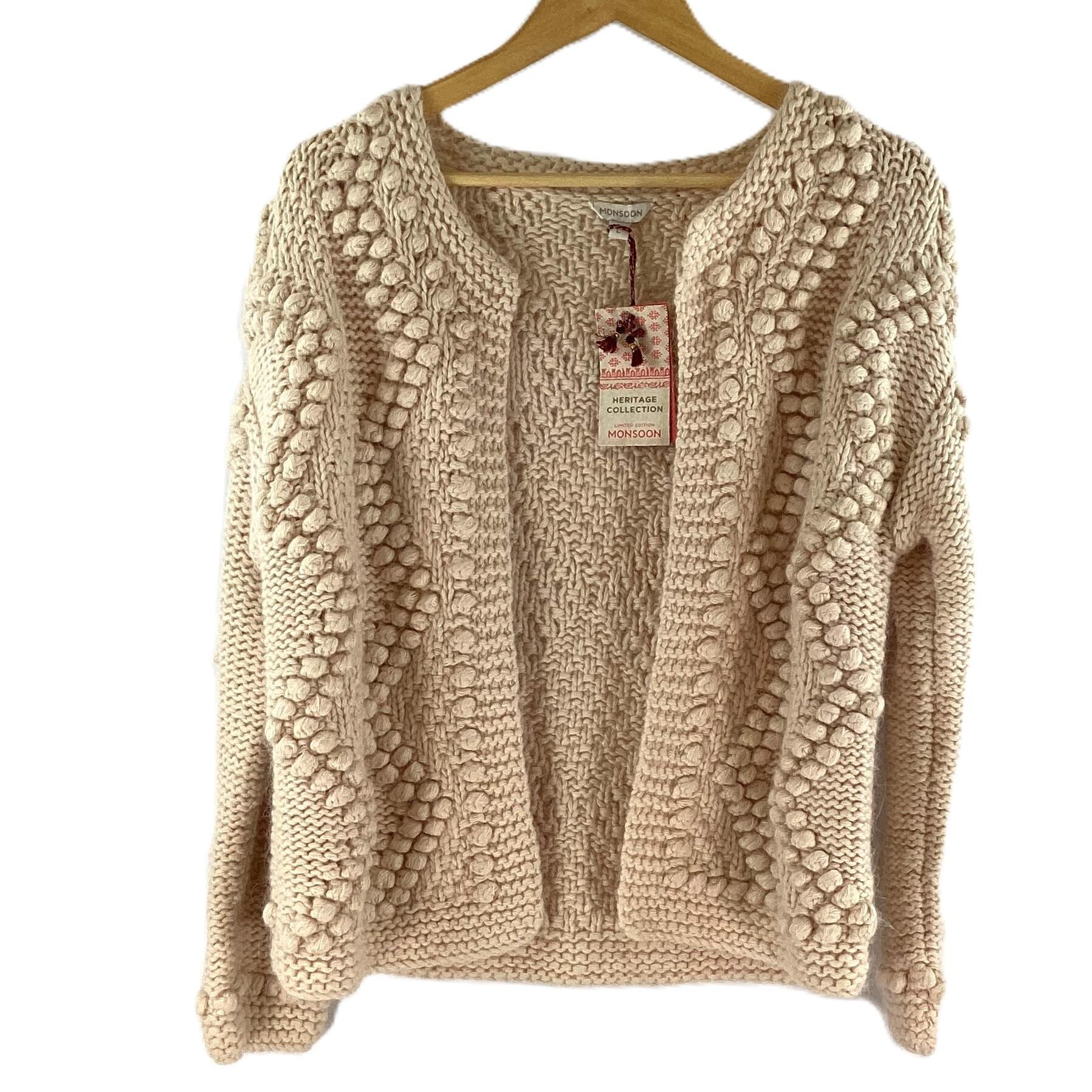 Monsoon Cream Beige Angora Blend Thick Knit Clasp Cardigan UK L