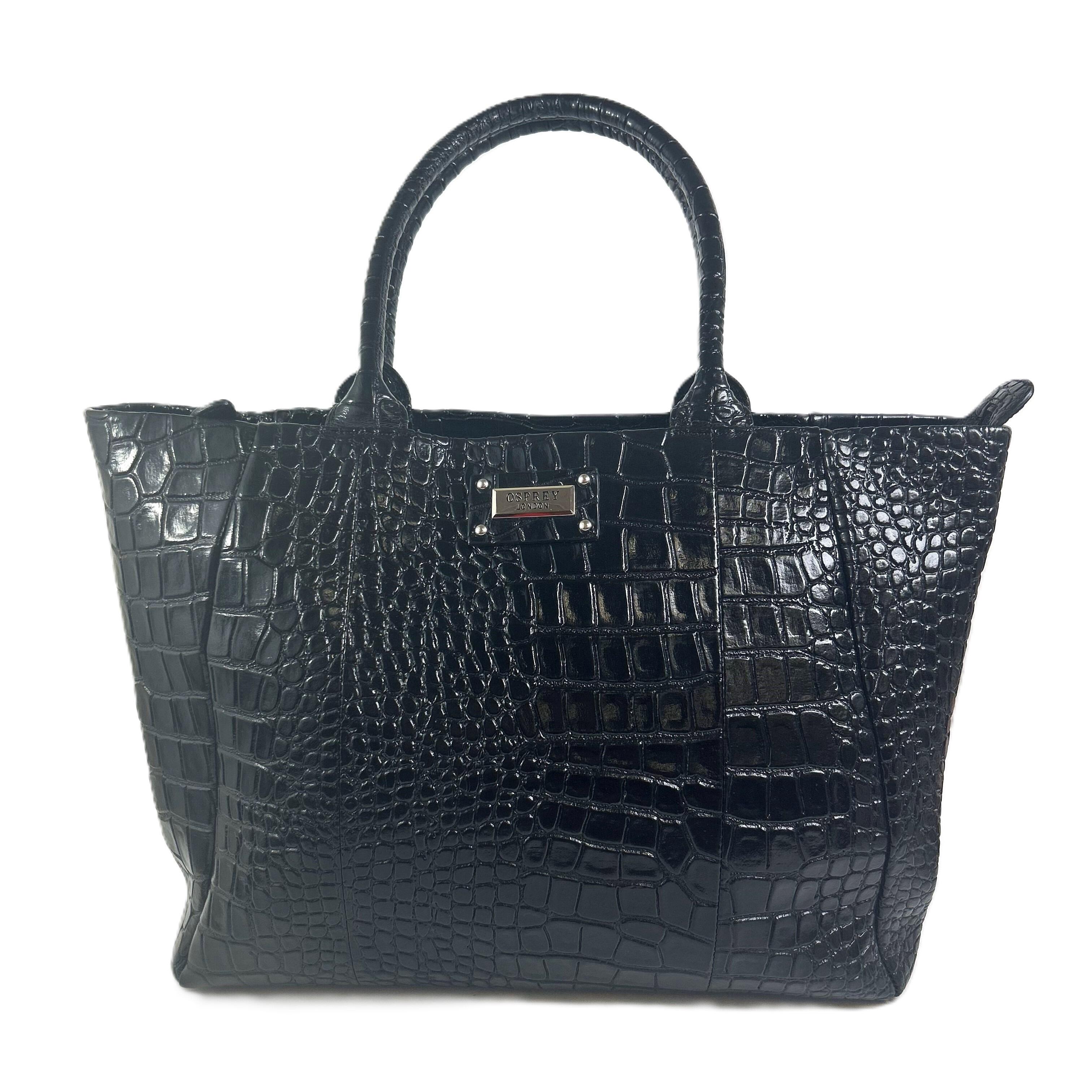 Osprey London Black Polished Croc Embossed Leather Tote Bag Large Handbag