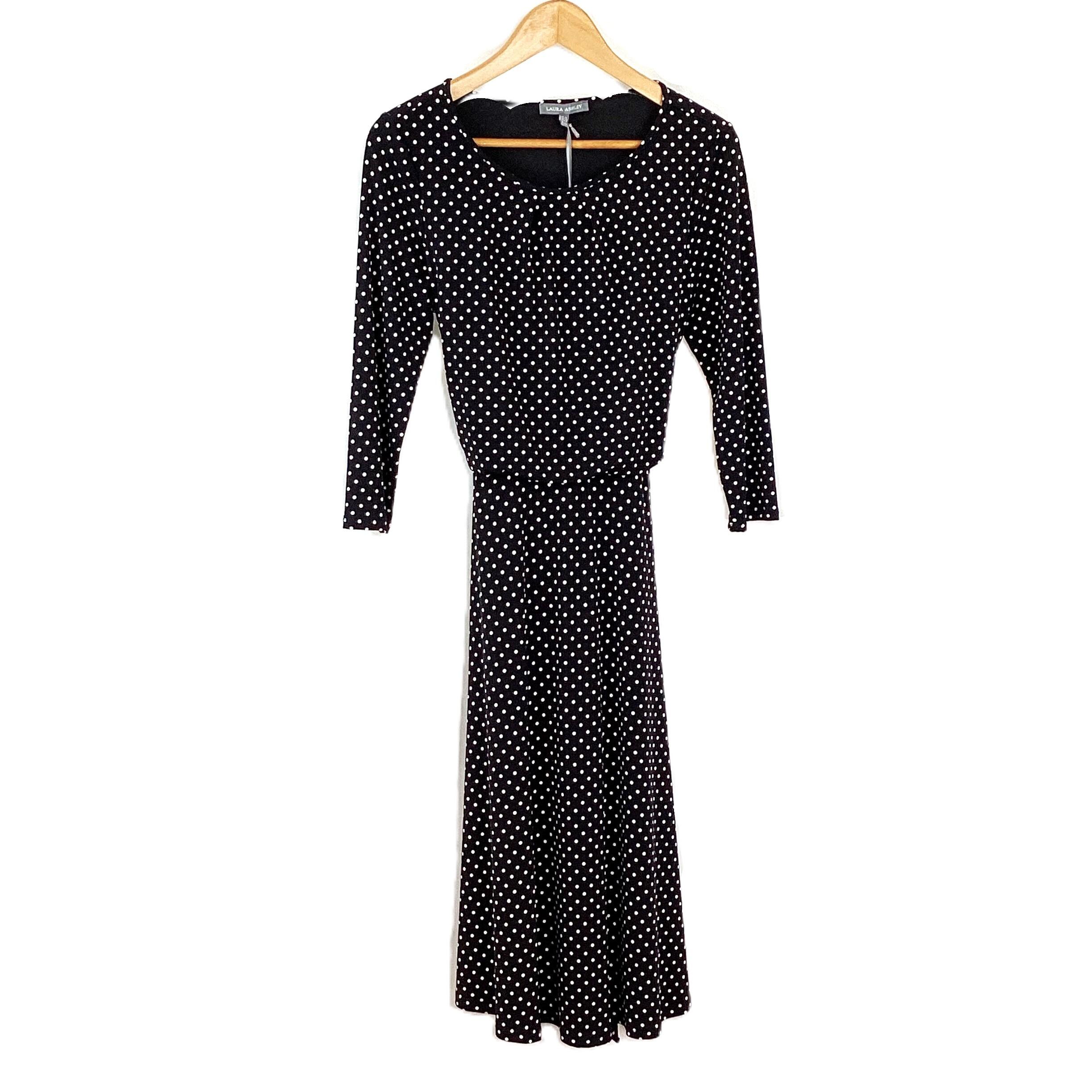 Laura Ashley Black Ivory Polka Dot Cinched Tie Waist Midi Dress UK 12