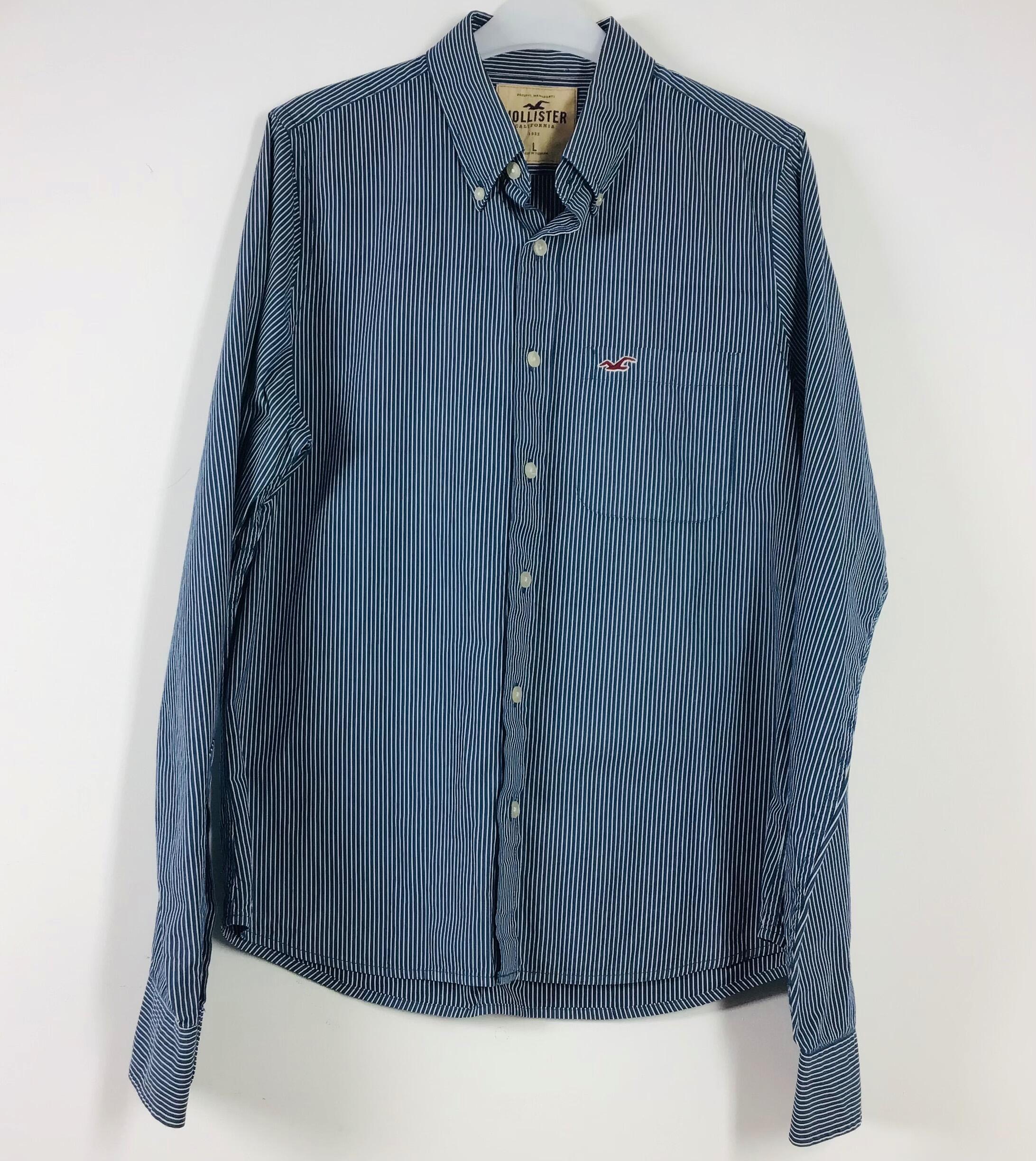 Men's XL Shirt Hollister Blue Stripe Button Up Long Sleeve Shirt 100% Cotton
