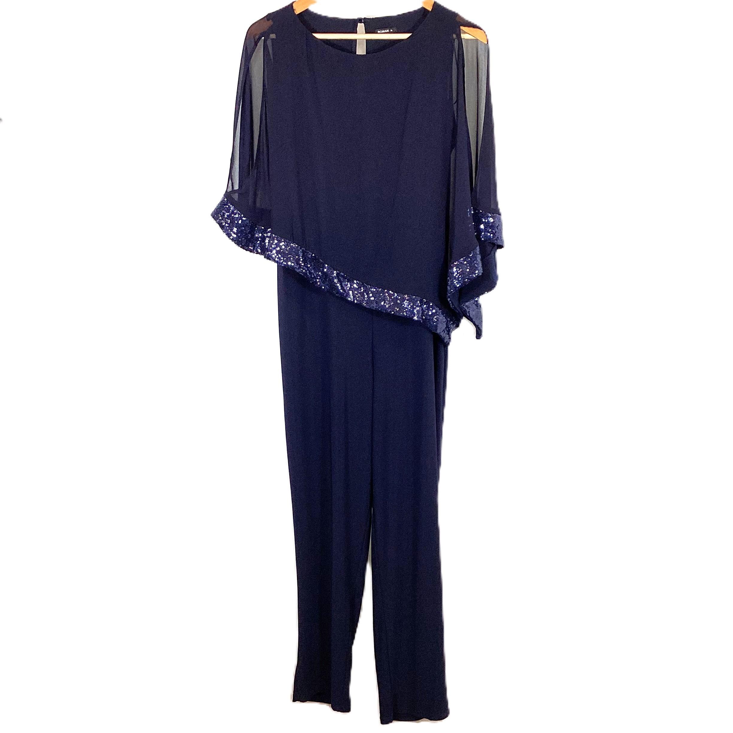 Roman Navy Cold Shoulder Mesh Layered Sequin Detail Jumpsuit UK 14