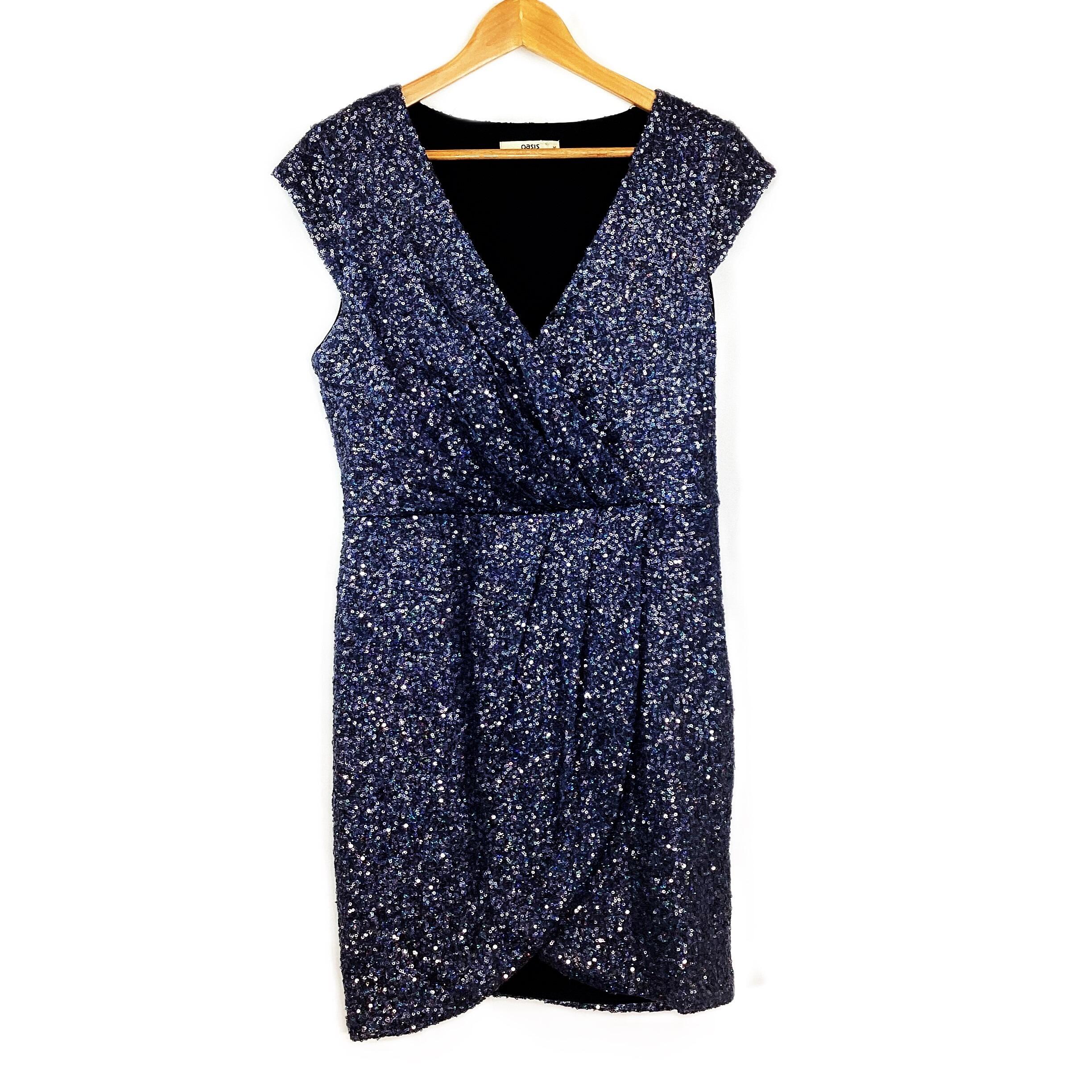 Oasis Blue Sequin V Neck Capped Sleeve Wrap Dress UK M