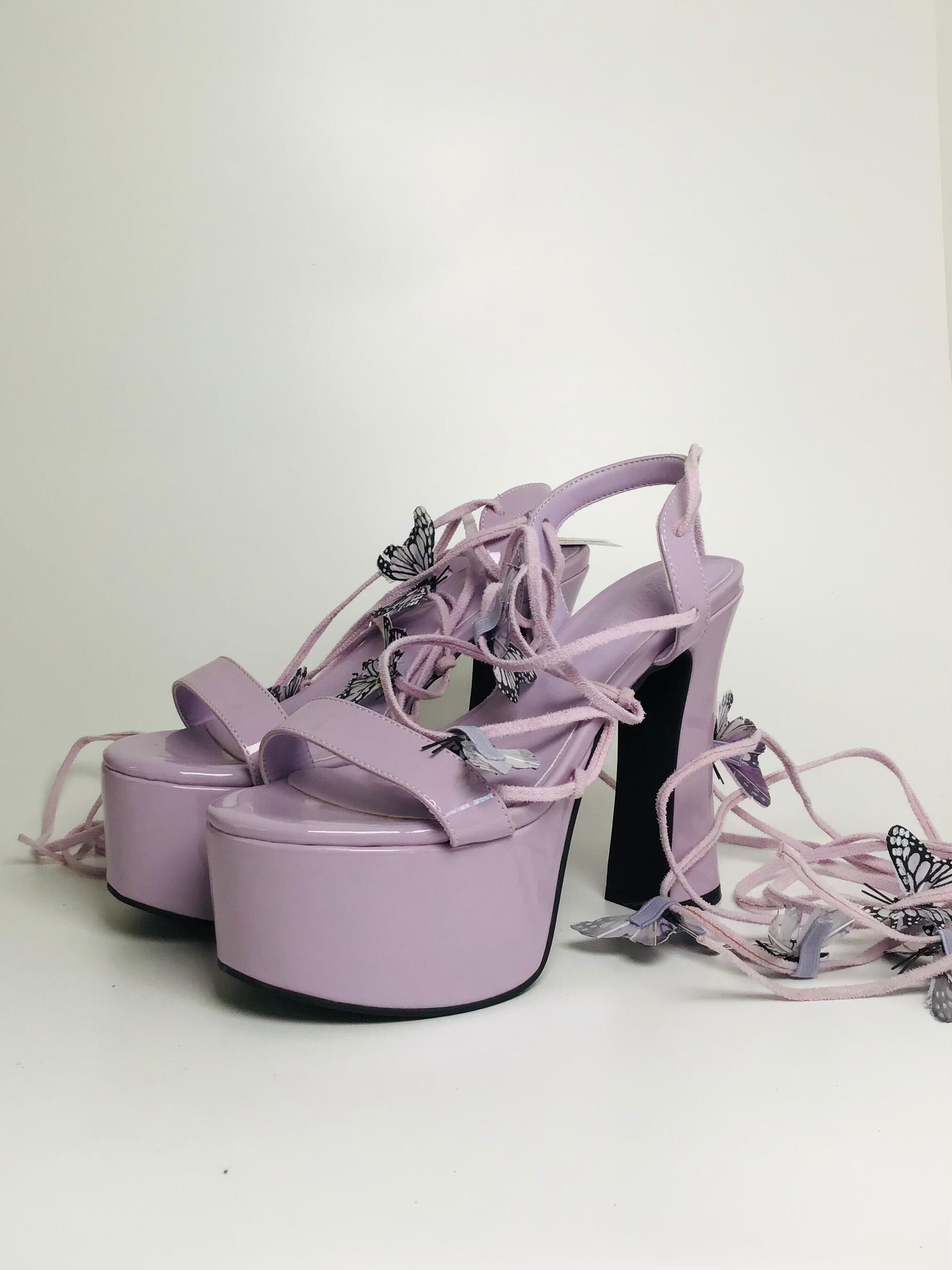 Purple butterfly lace up sales heels