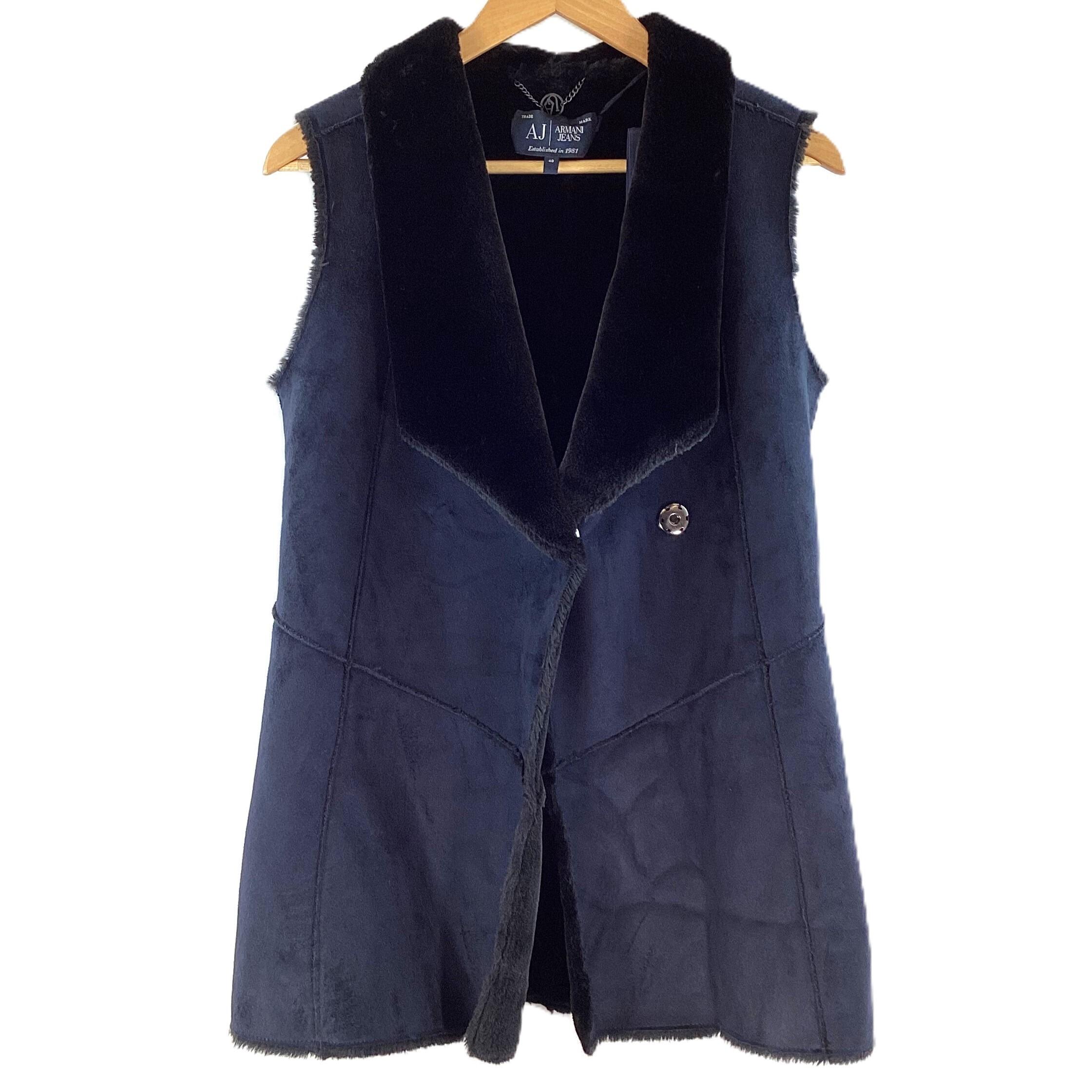 Armani Jeans Navy Faux Shearling Button Up Bodywarmer Gilet Waistcoat UK 14 EU 40