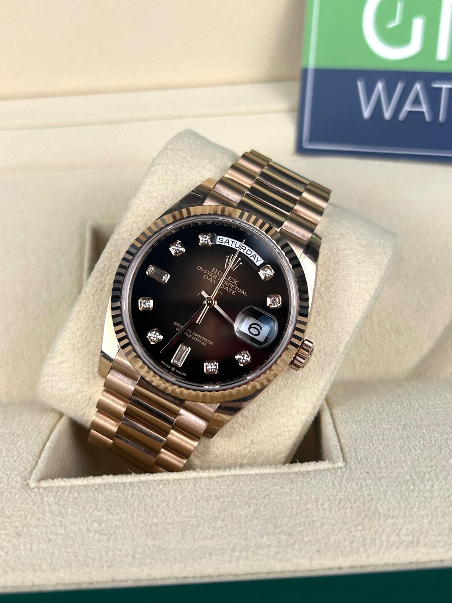 Rolex Day Date 36 128235 Brown Ombre Diamond Dial Rose Gold 2022