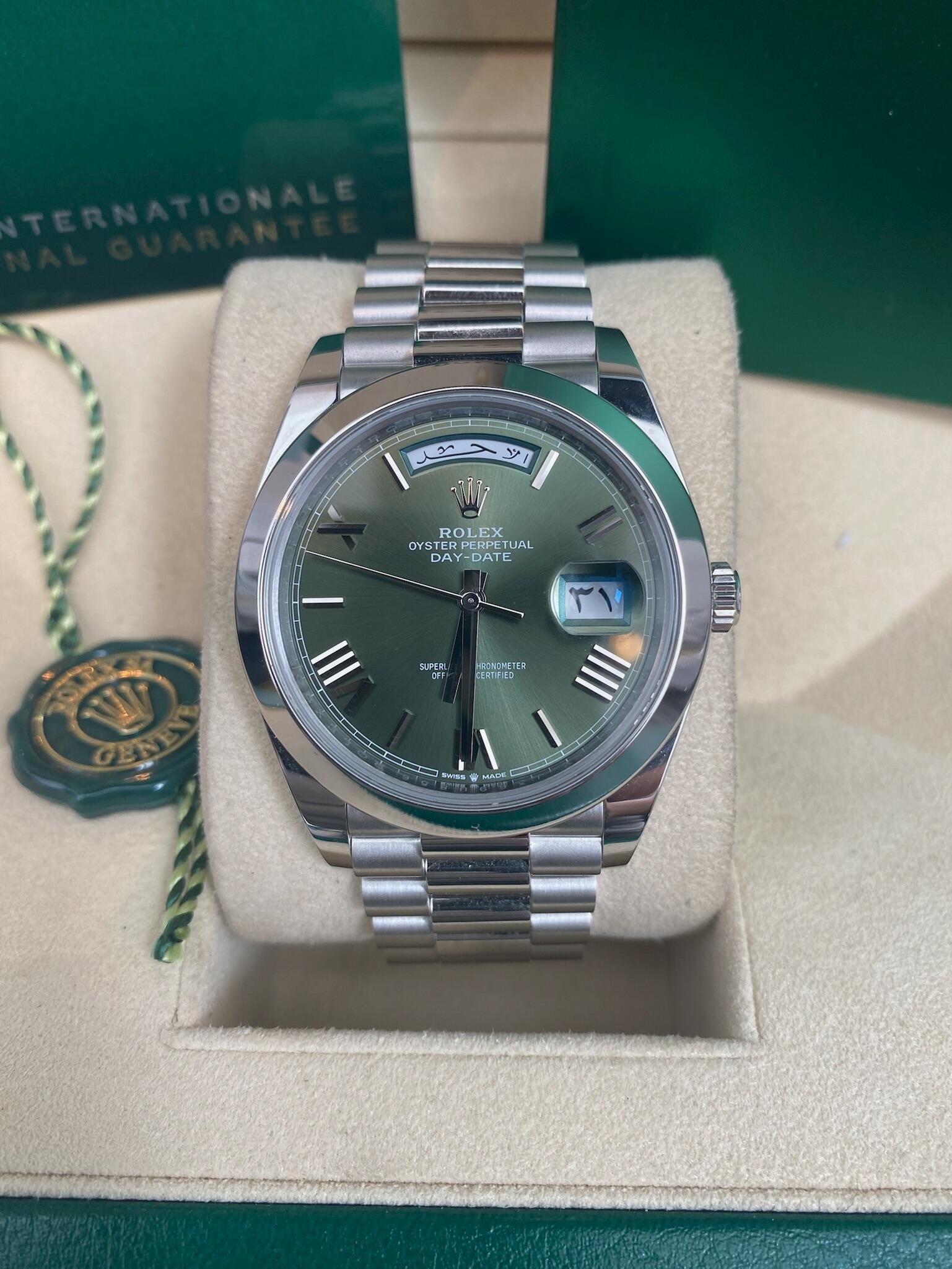 Rolex Day Date 40 228206 Platinum Olive Green Roman Dial with