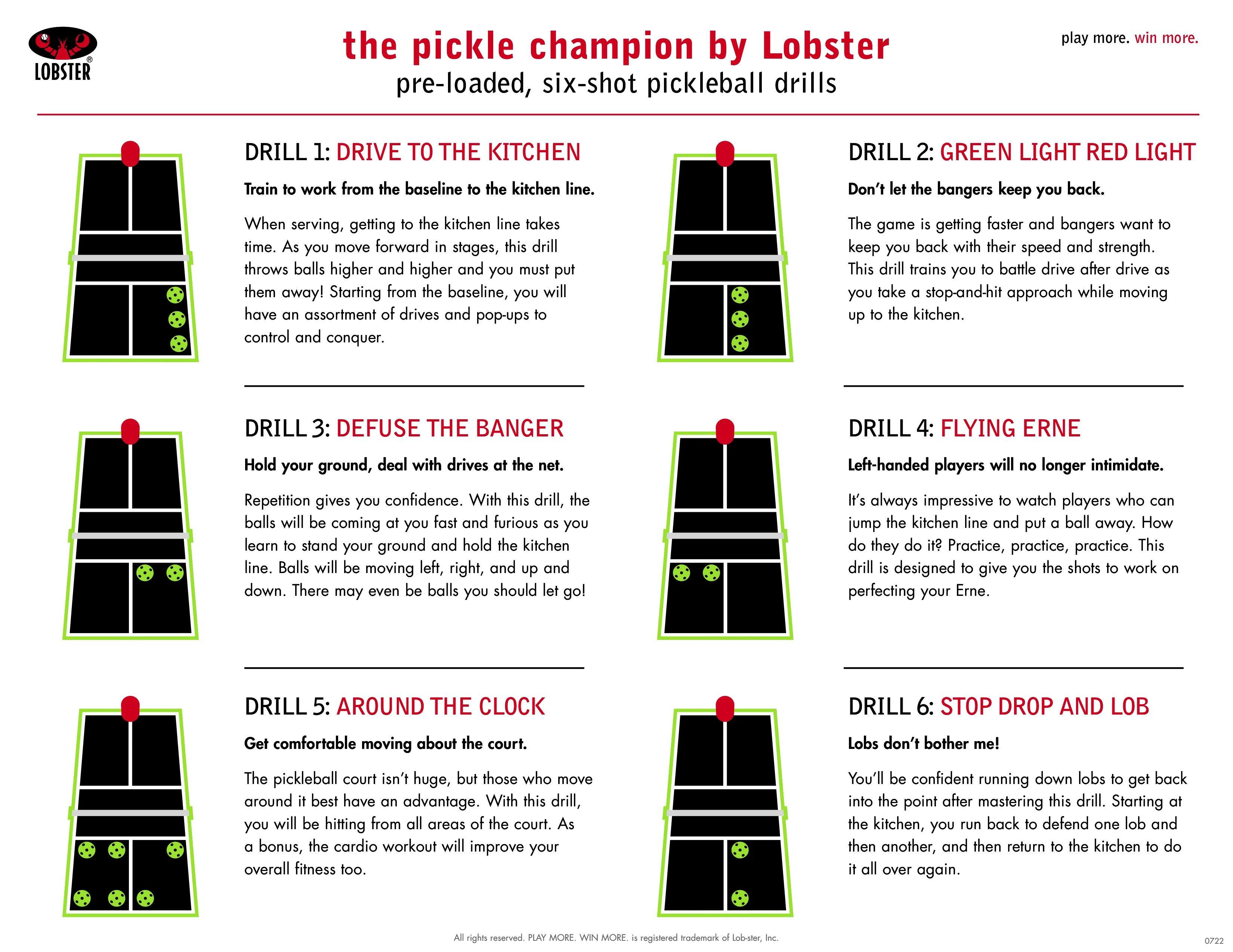 Lobster Pickle Champion ball machine drills details