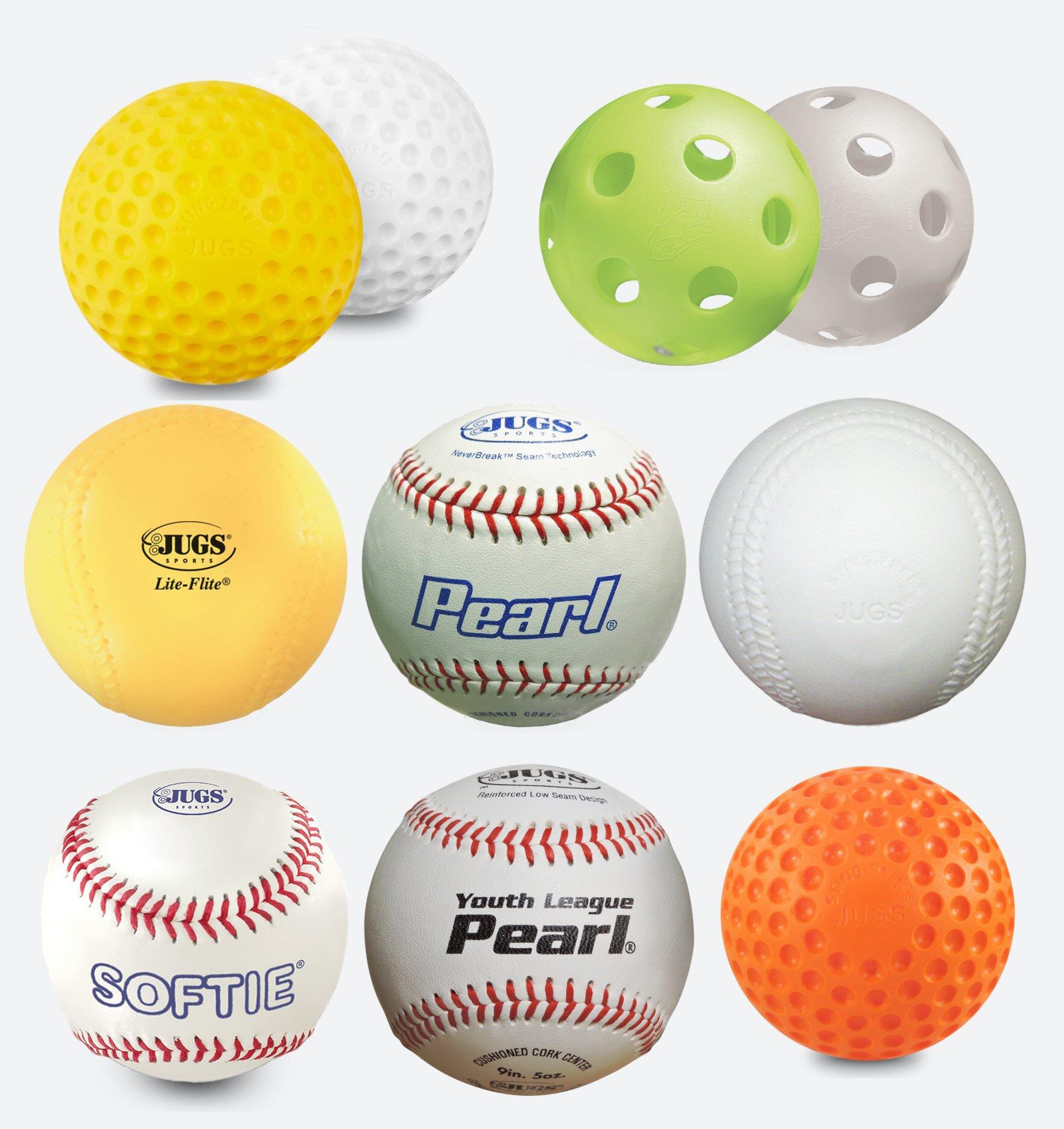 Jugs baseballs, pearl baseballs, lite-flite, bulldog polyballs, youth league baseballs, sting-free dimple pitching machine baseballs, softie, maximum velocity