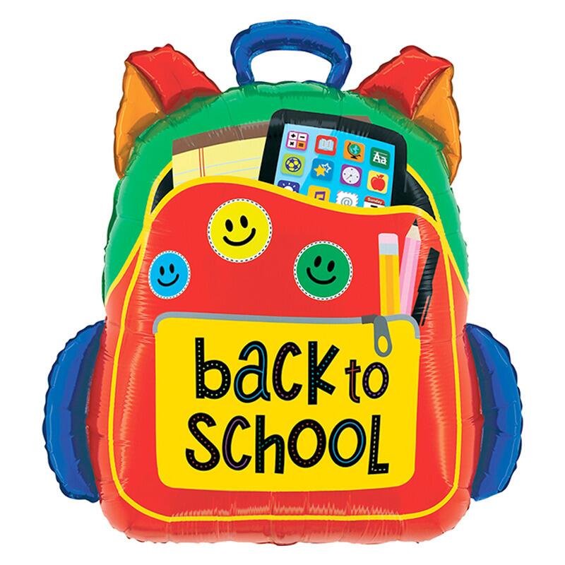 Back to school backpack balloon featuring brick colours and cartoon graphics of pens and pencils