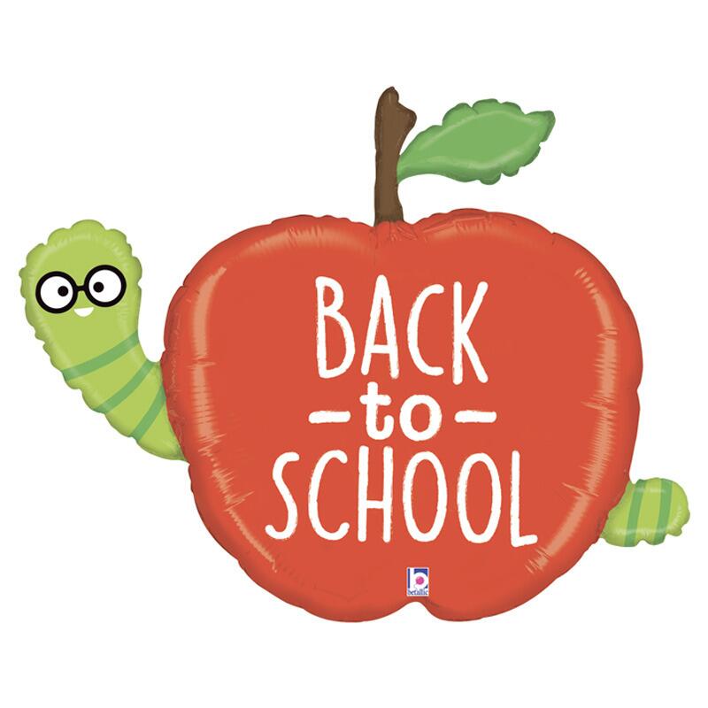 40 inch Back to school vibrant red apple balloon with a green cartoon worm