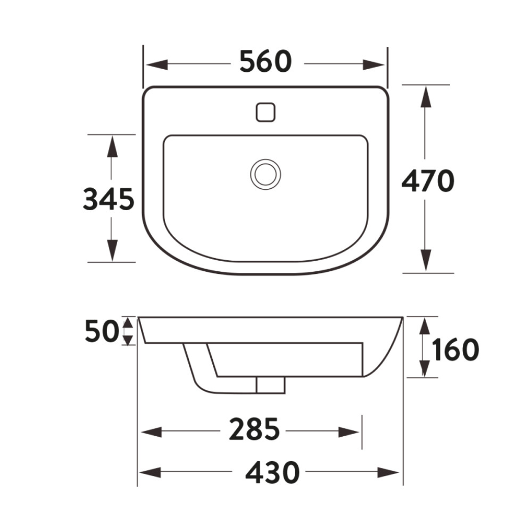 Kameo 560mm Semi Recessed Basin Dimensions