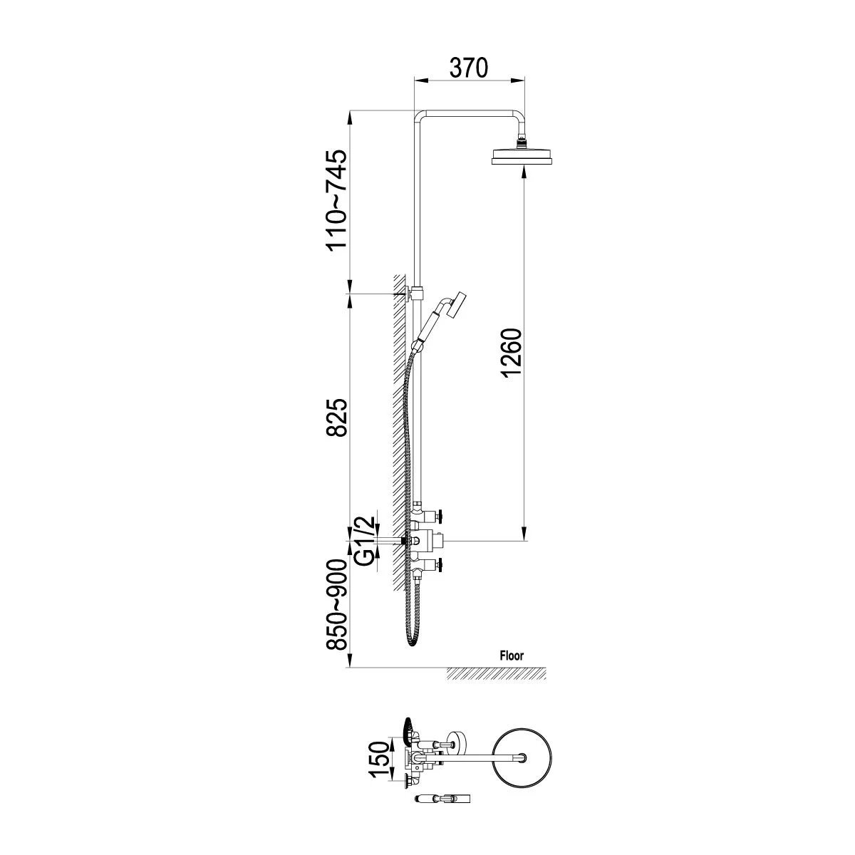 Indus Thermostatic Exposed Valve Shower Pack Dimensions