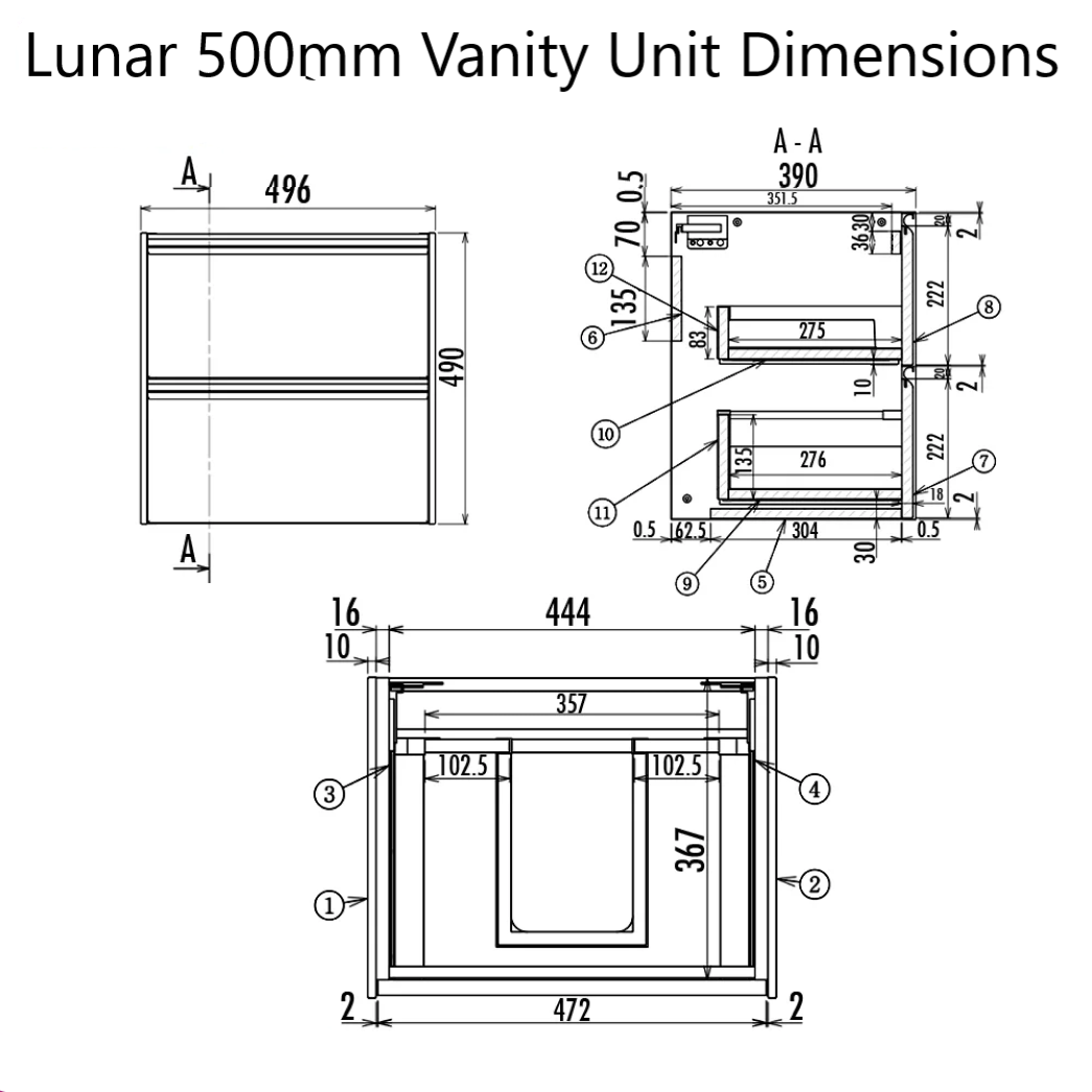 Moonstone Lunar 500mm Wall Hung Vanity Unit Dimensions