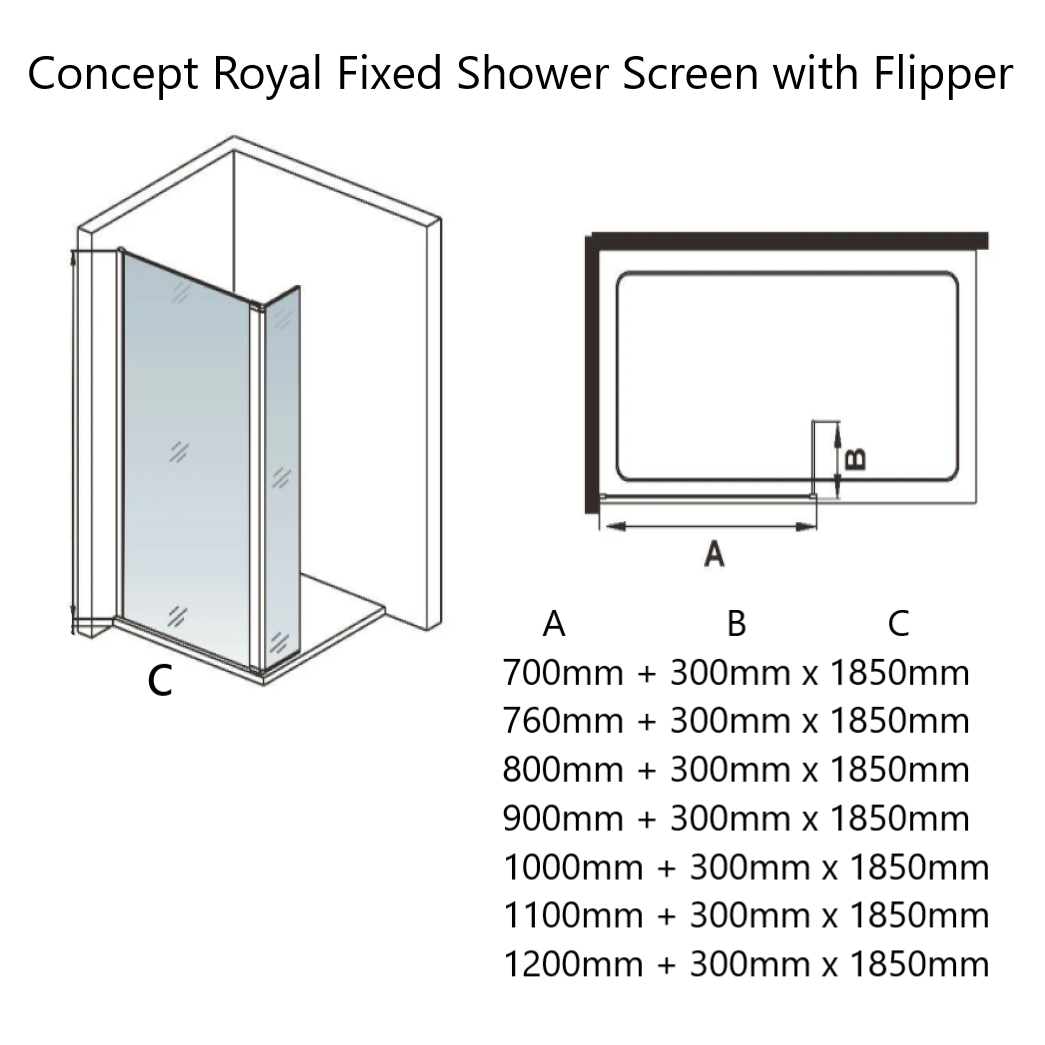 Royal 8mm Fixed Shower Screen with 300mm Hinged Panel Dimensions