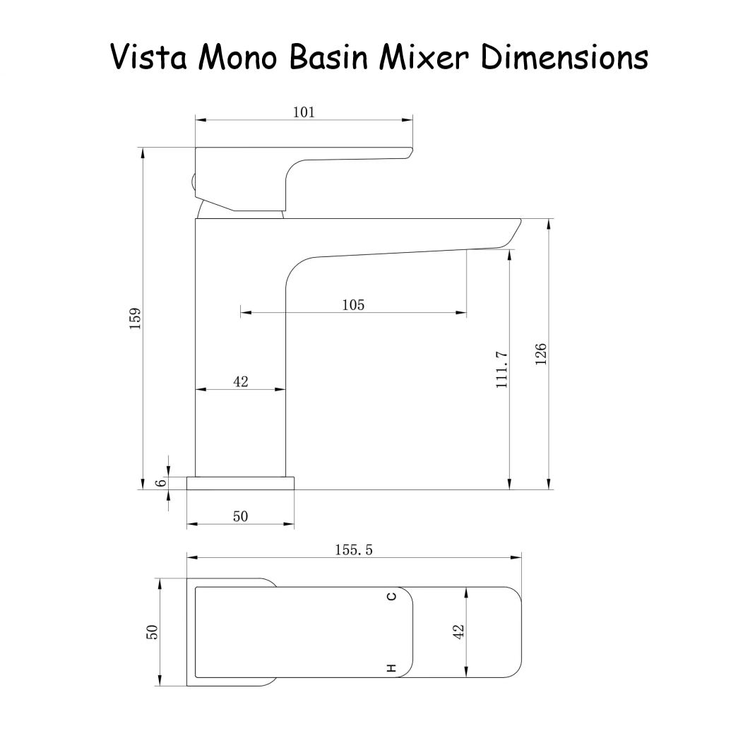Vista Chrome Mono Basin Mixer - Dimensions