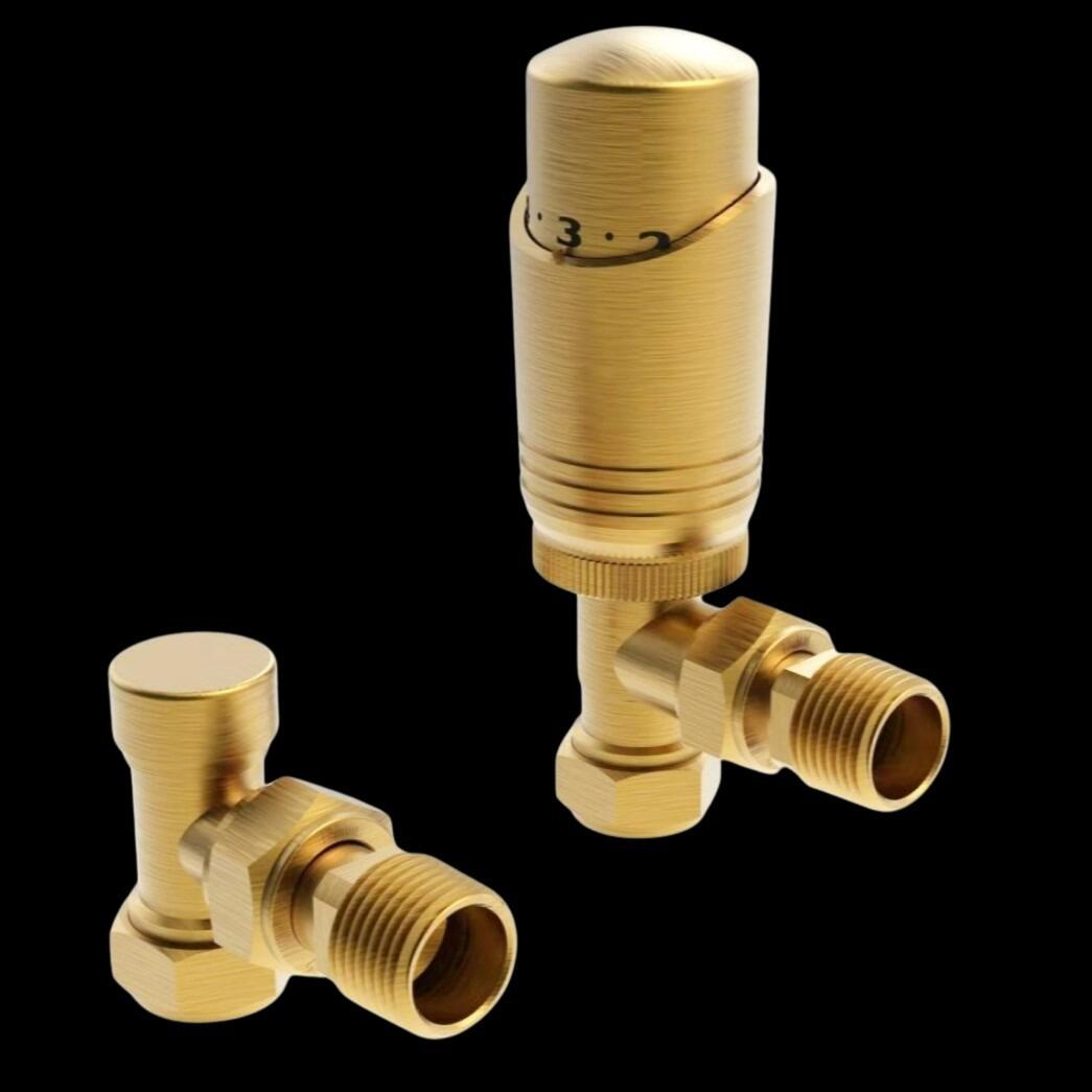 Xcel Brushed Brass Thermostatic Radiator & Lockshield Valve Kit Straight or Angled Pair