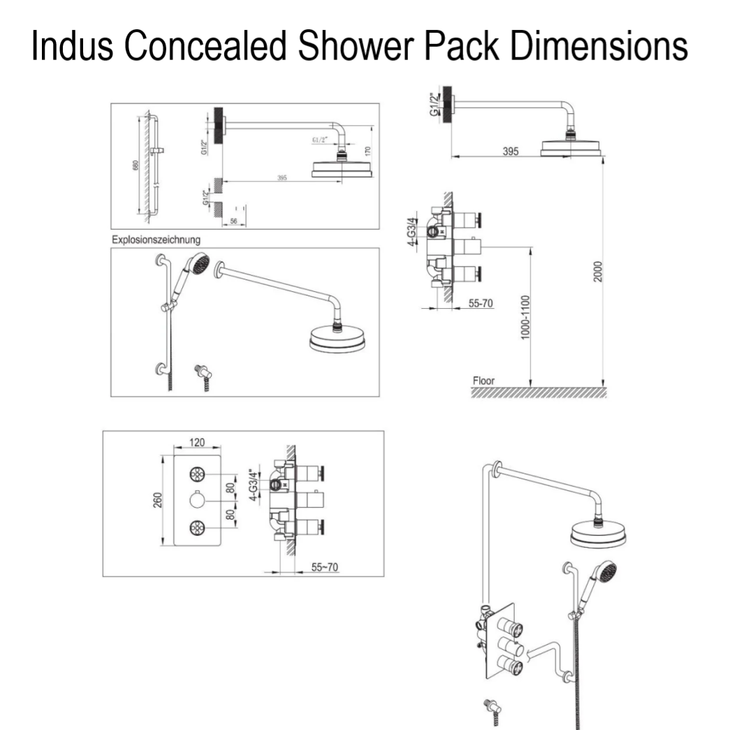 Indus Thermostatic Concealed Valve Shower Pack Dimensions