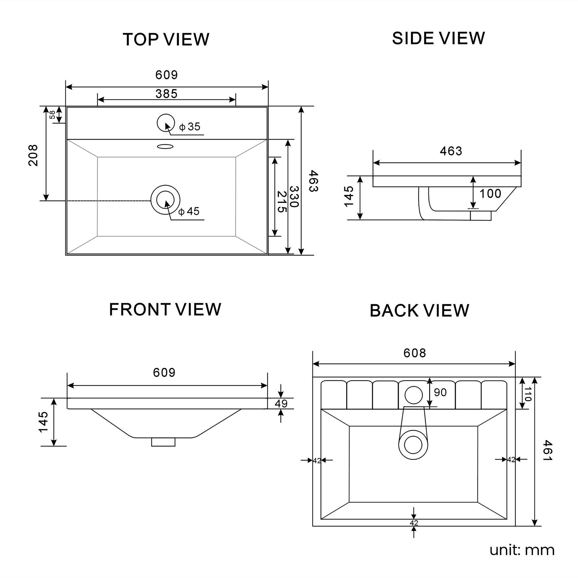 Miami 600mm Fluted Wall Hung Vanity Unit -Dimensions