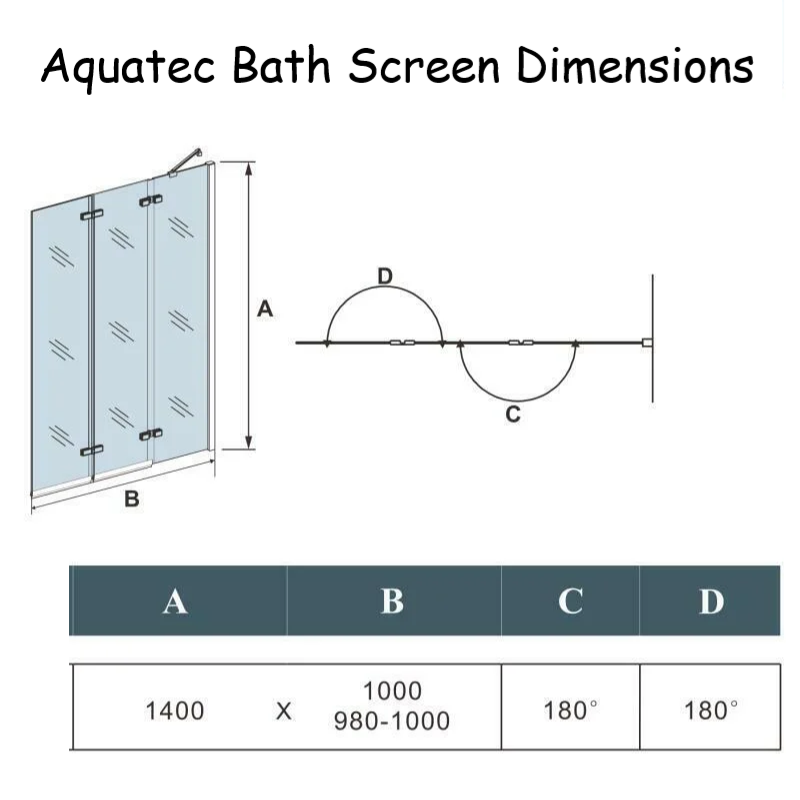Aquatec 1000mm Frameless Triple Panel Bath Shower Screen Dimensions