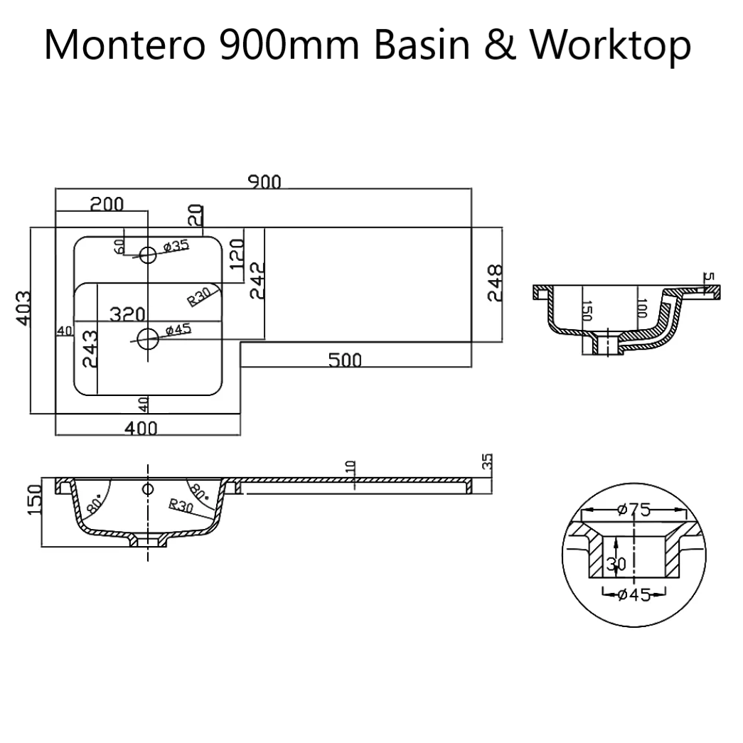 Montero 900mm Ceramic Basin & Worktop Dimensions