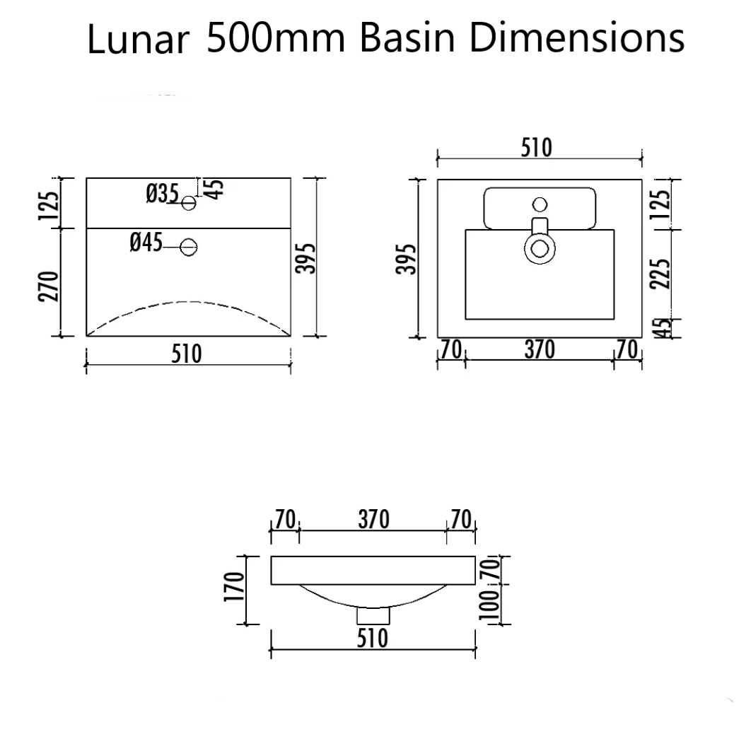 Moonstone Lunar 500mm Wall Hung Vanity Unit Ceramic Basin Dimensions
