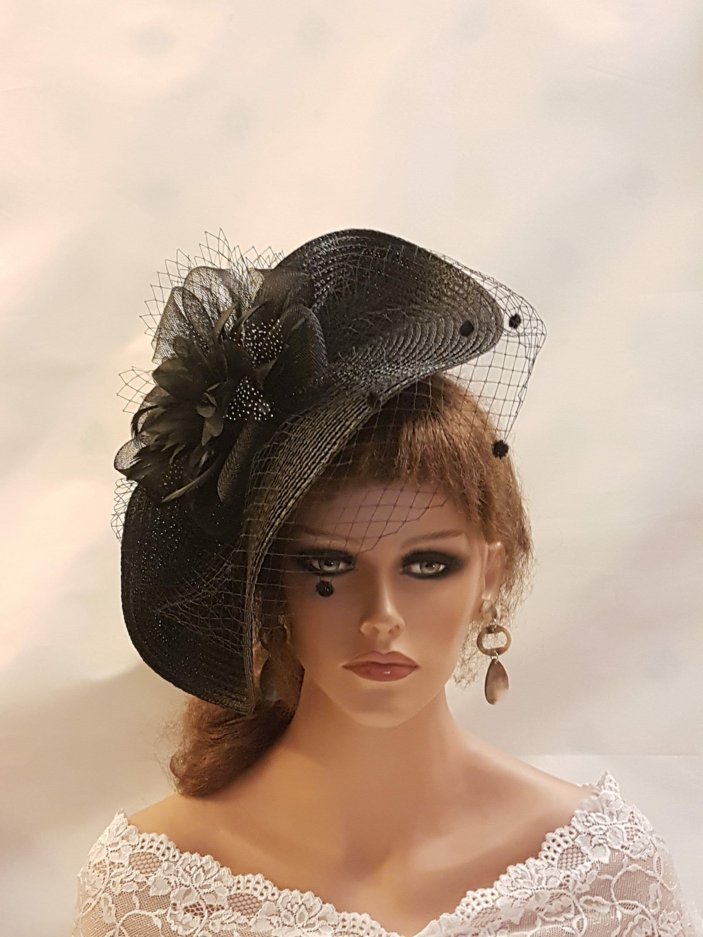Large Black hat Fascinator with veil