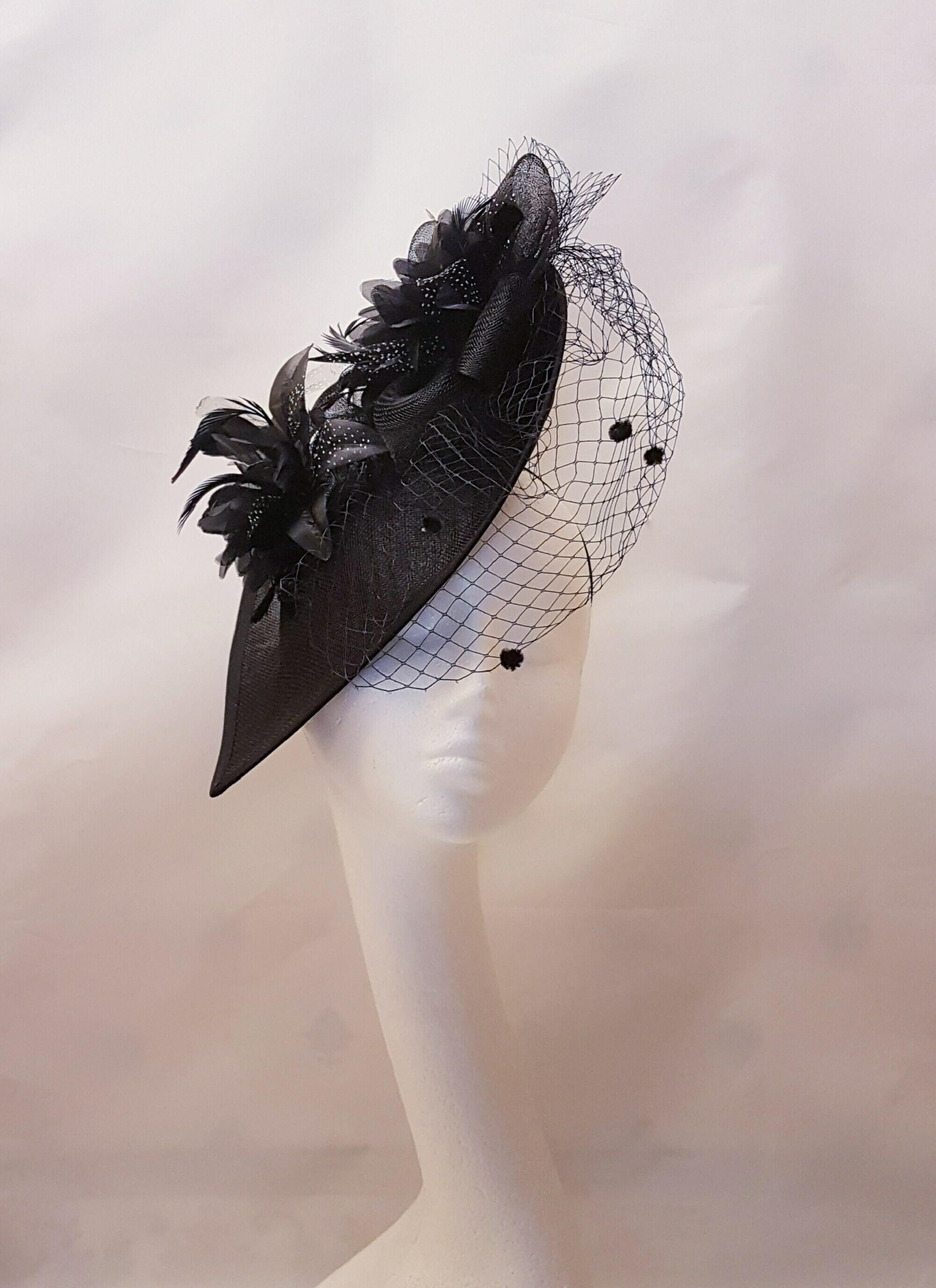 Large Black hat fascinator with dotted veil