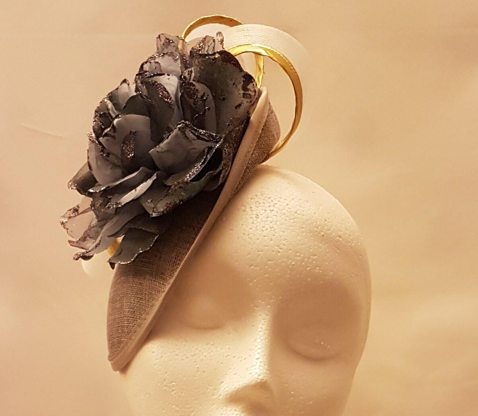 SILVER GREY LARGE FLORAL HAT