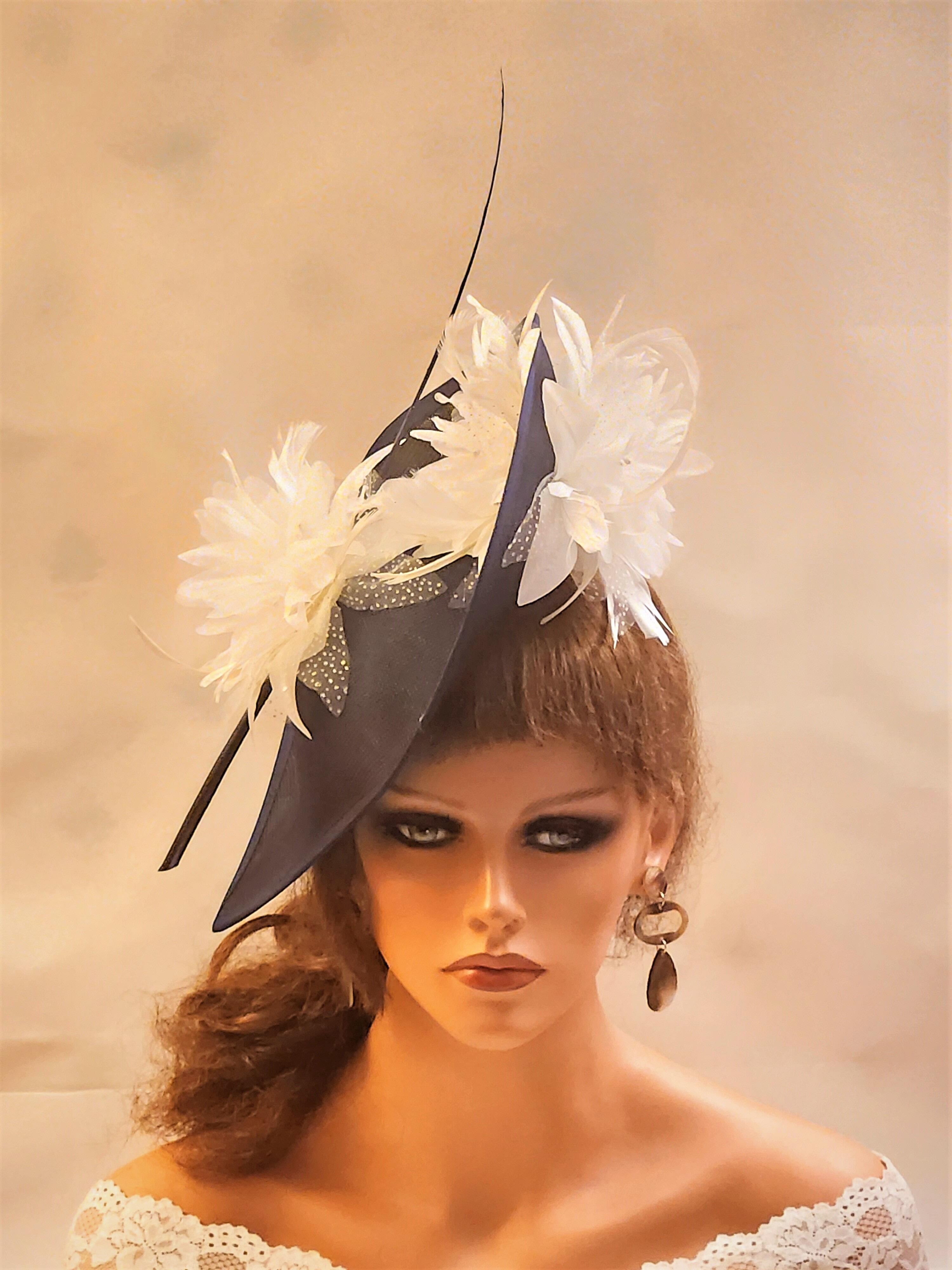 Large Teardrop Navyblue Hat fascinator long quill feather and Silk flowers