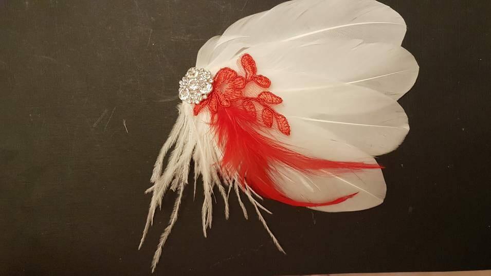 white and REd feathe fascinator clip