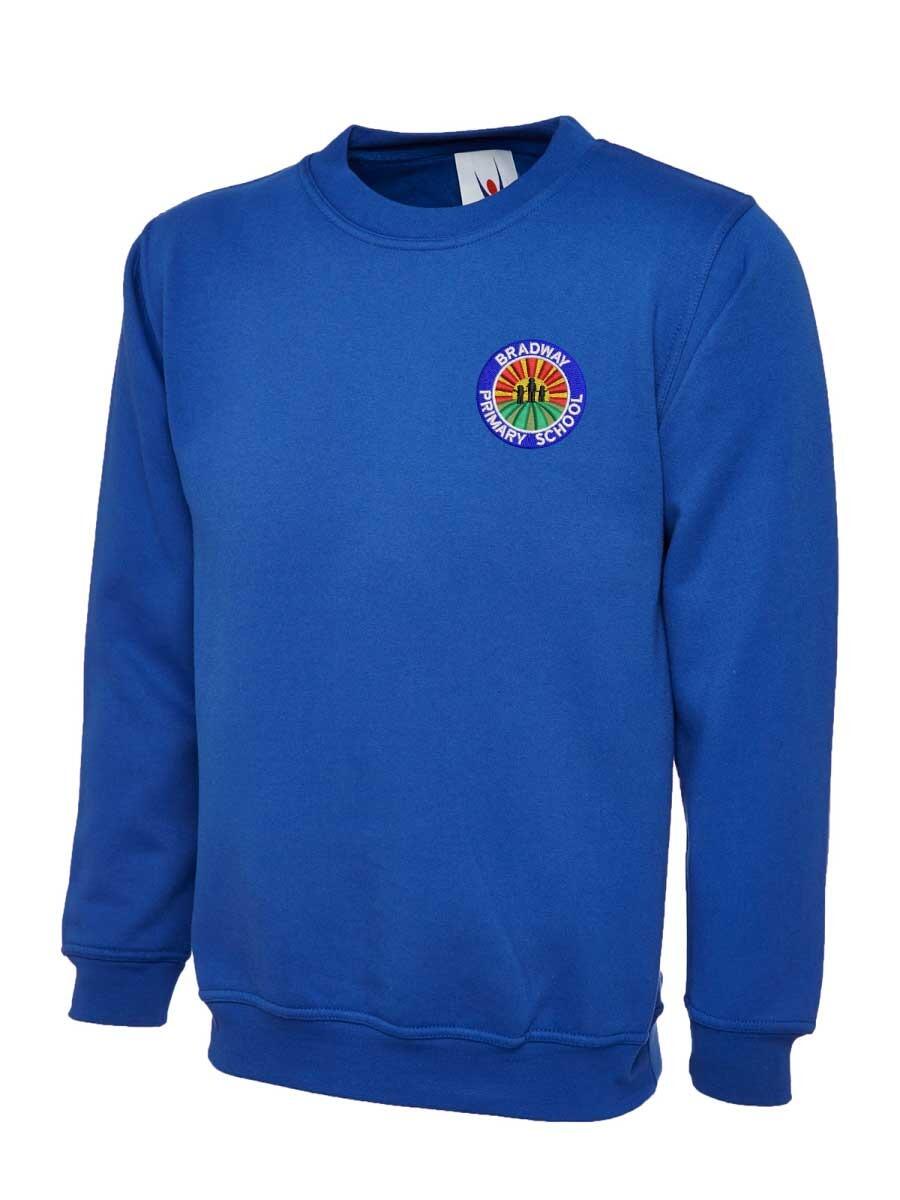 A blue crewneck sweatshirt featuring an embroidered emblem on the chest with the text "Bradway Primary School" and a small image within the emblem.